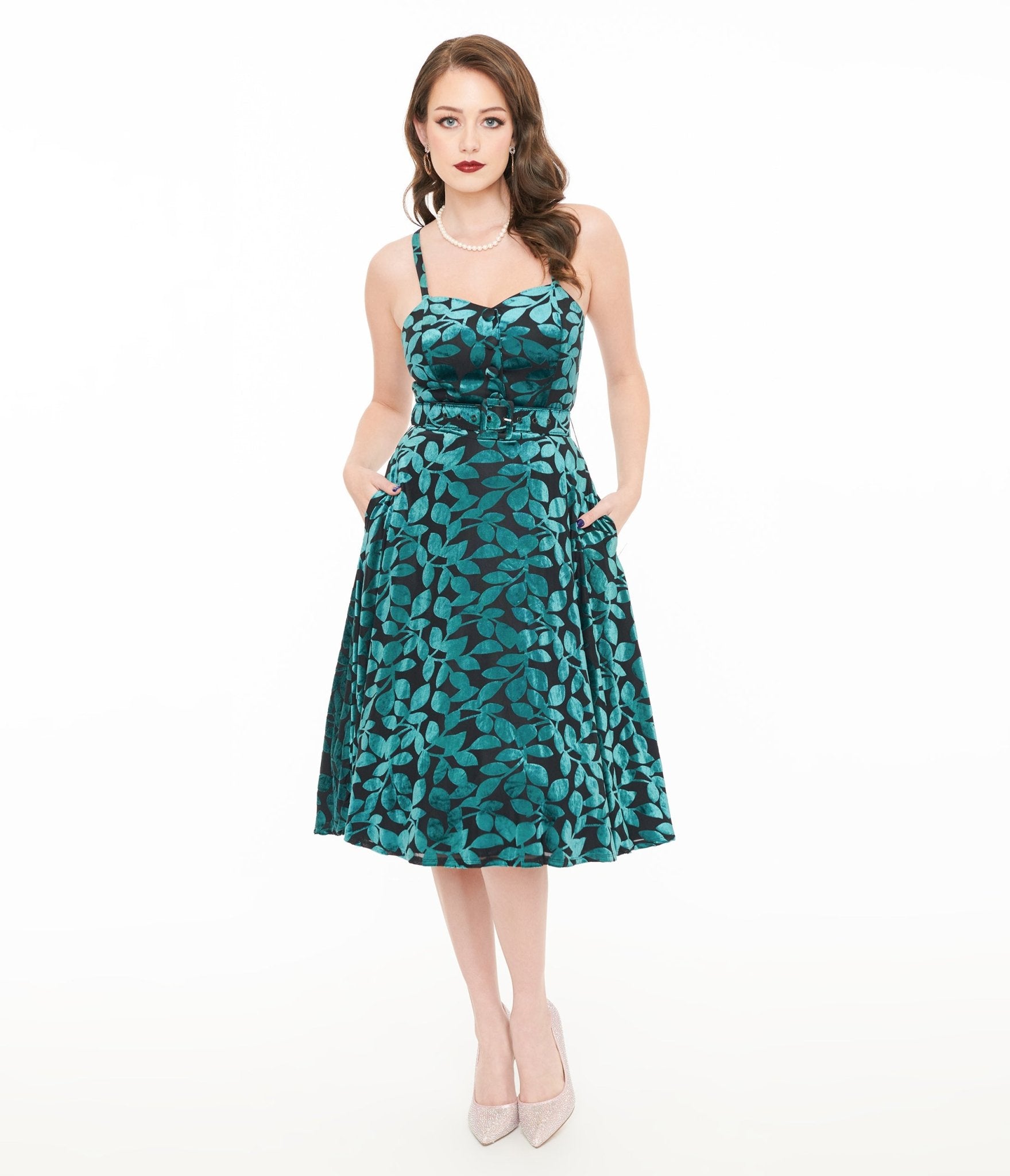Vintage 1950s Teal & Black Velvet Burnout Capelet Swing Dress - Retro Cocktail Party & Formal Evening Wear for Women