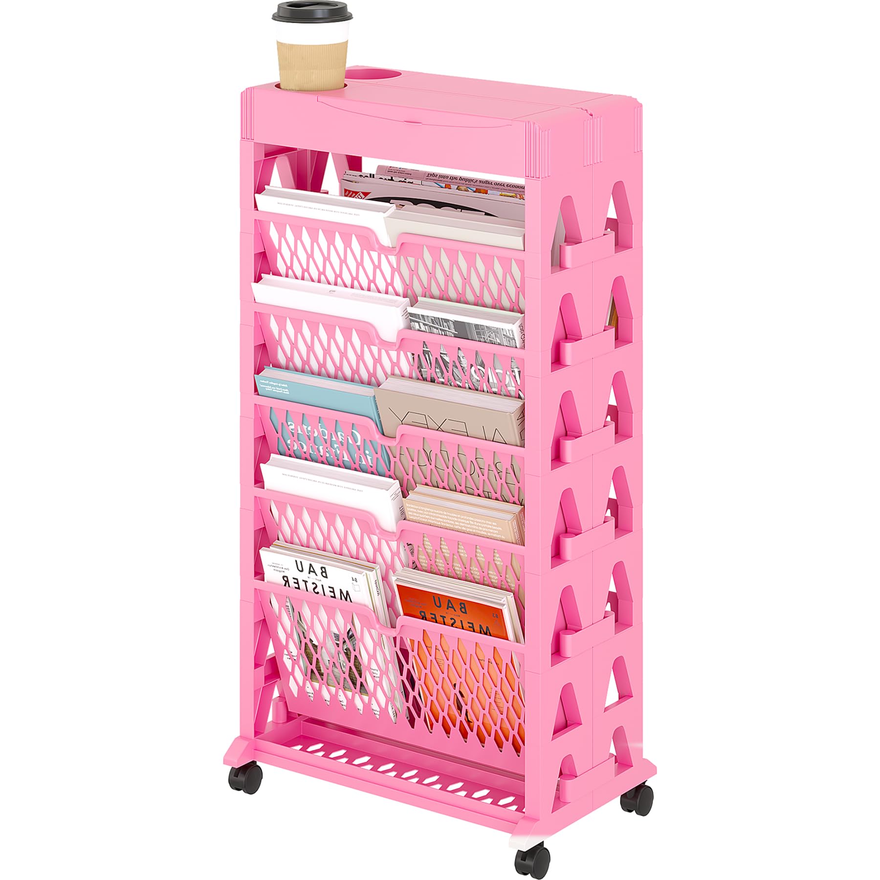 6-Tier Rolling Bookcase with Removable Shelves - Kids Book Organizer, Magazine & File Storage Rack (10 Slots, Pink) - Perfect for Home Office, Classroom & Playroom Organization