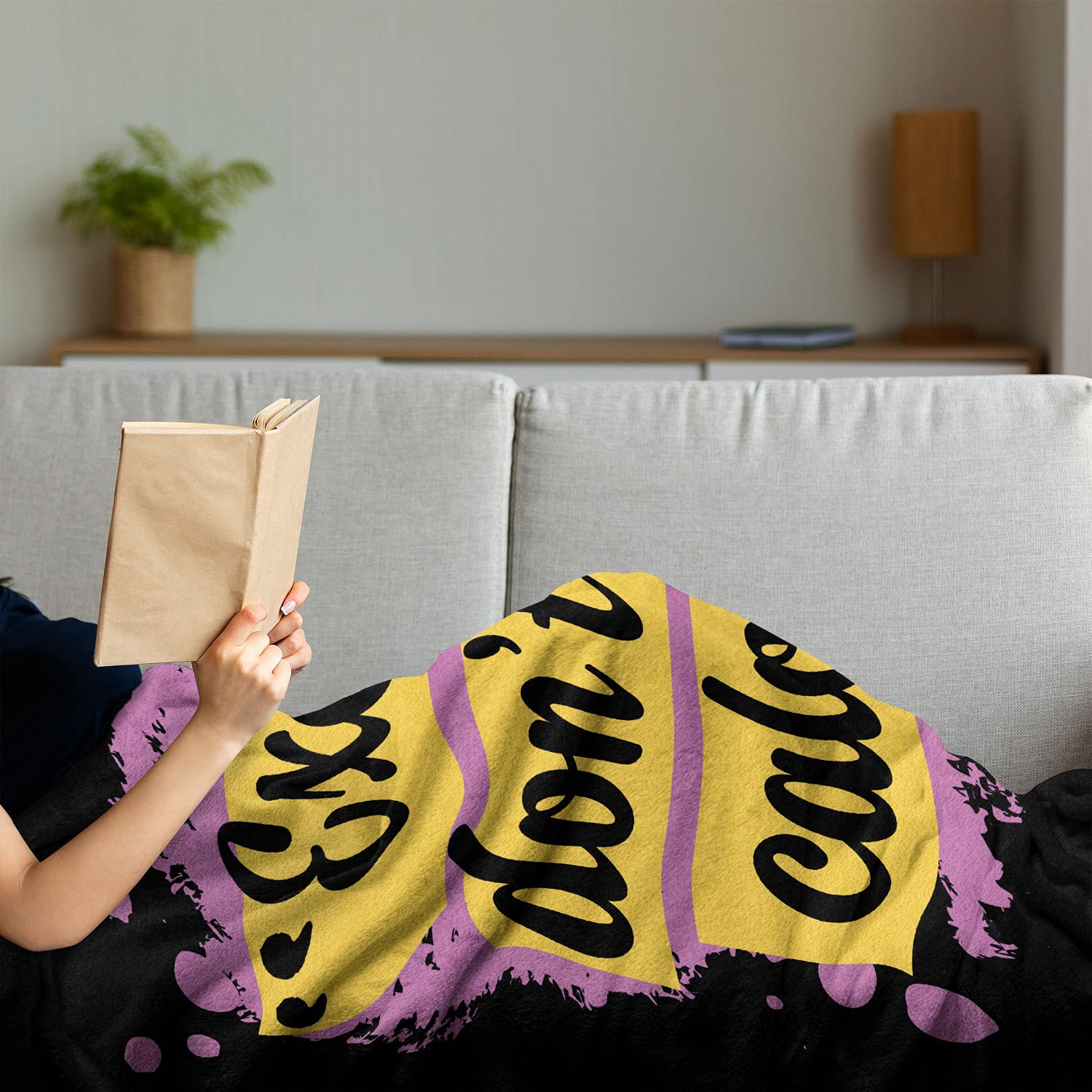 Ambesonne Fitness Throw Blanket - Motivational Workout Quote 'Excuses Don't Burn Calories' - Soft Flannel Fleece Blanket for Couch, Bed & Gym - 50x70 Inches in Lilac Yellow Black - Perfect for Home Decor, Yoga Sessions & Post-Workout Recovery