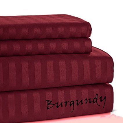 1000 Thread Count Super Soft Deep Pocket 12 Inch Sheet Set (4PCs + 2 Bonus Pillow Cases) - Cal King Size - Burgundy Stripes - Luxury Bedding by KM Linen | Perfect for Master Bedroom, Guest Room & Hotel Use