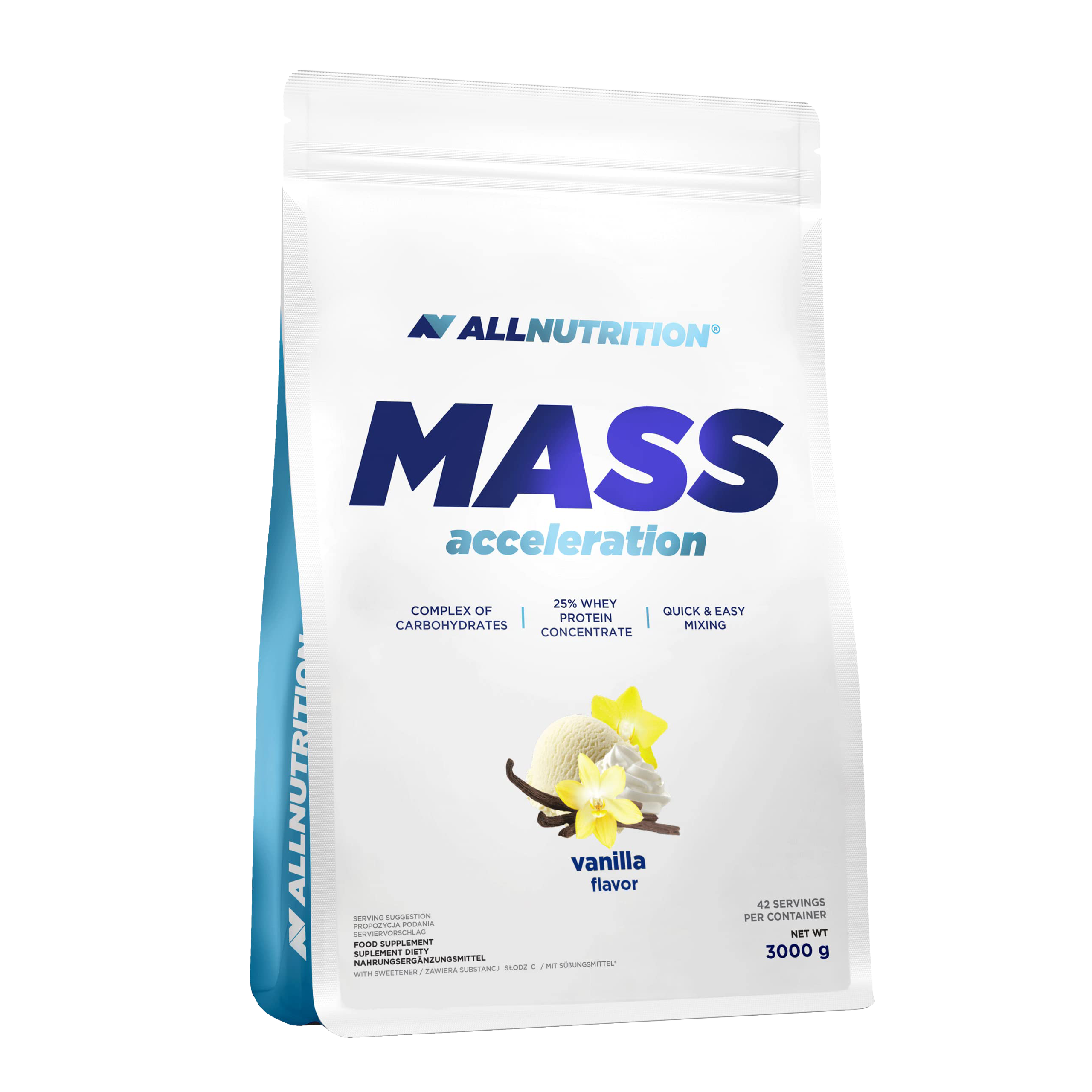 Allnutrition Mass Acceleration Weight Gainer Protein Powder - Vanilla Flavor 3000g for Muscle Growth & Recovery | Ideal for Bodybuilding, Fitness & Post-Workout Nutrition