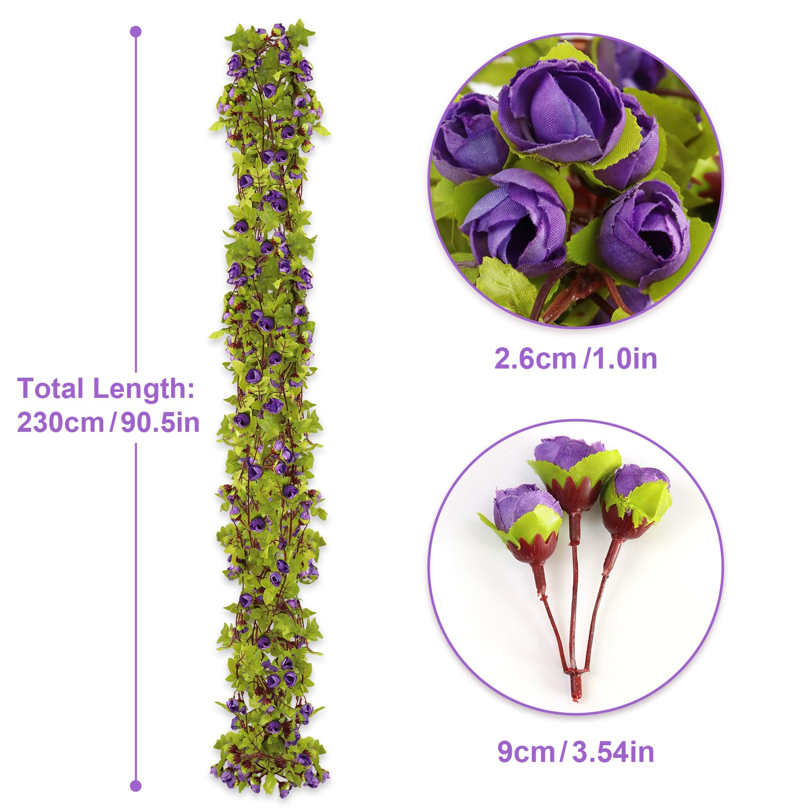 AirSun Artificial Rose Garland - 2PCS 14.5FT Fake Purple Rose Bud Vine Hanging Flowers for Wedding Arch, Garden Party, Home & Office Decoration (Blue Snow) - Perfect for Indoor/Outdoor Events, Bridal Showers & Romantic Decor