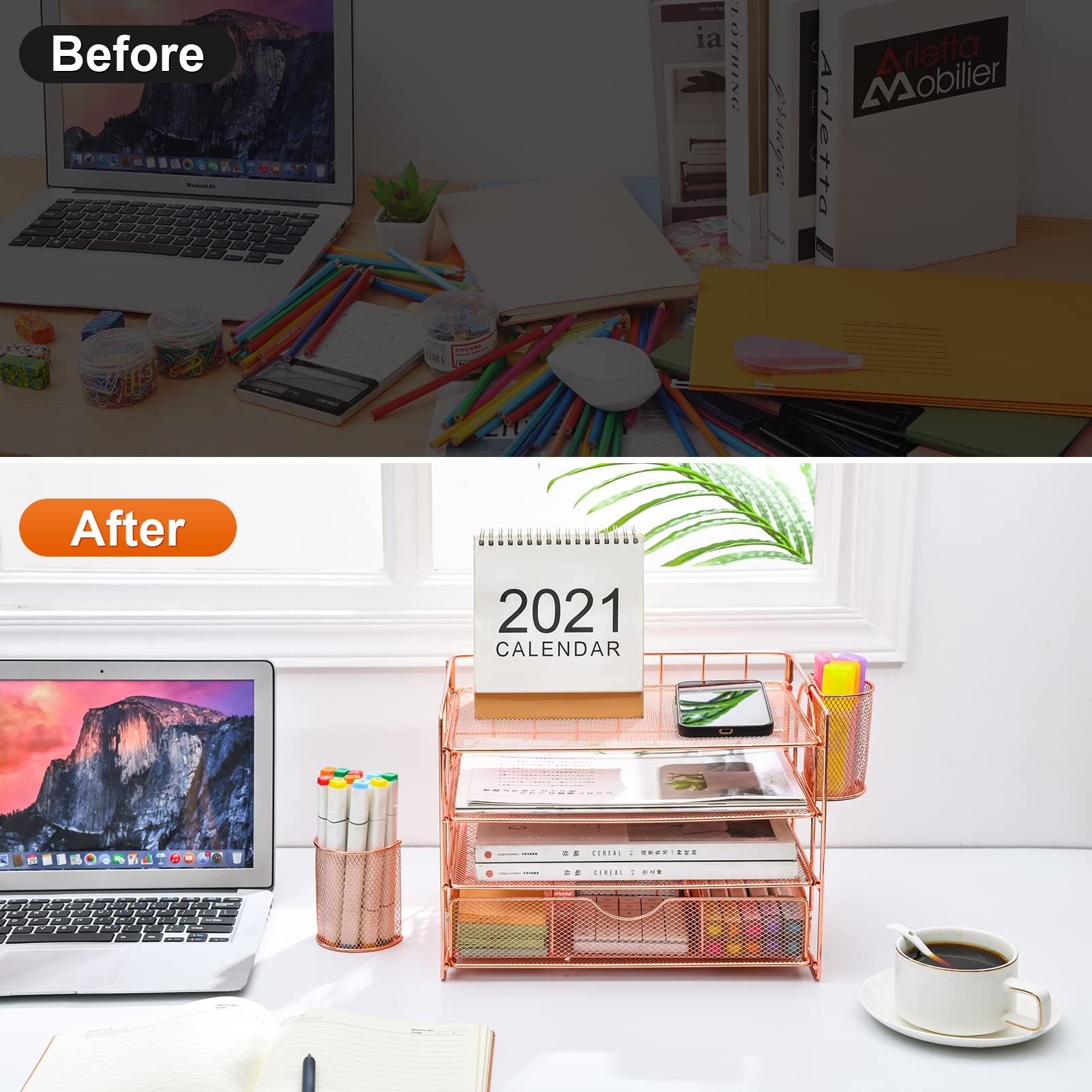 Marbrasse 4-Tray Desk File Organizer with 2 Pen Holders & Drawer - Rose Gold Desktop Hanging File Holder for Office Paper Letter Tray Organization - Perfect for Home Office, Workspace, and School Supplies Storage