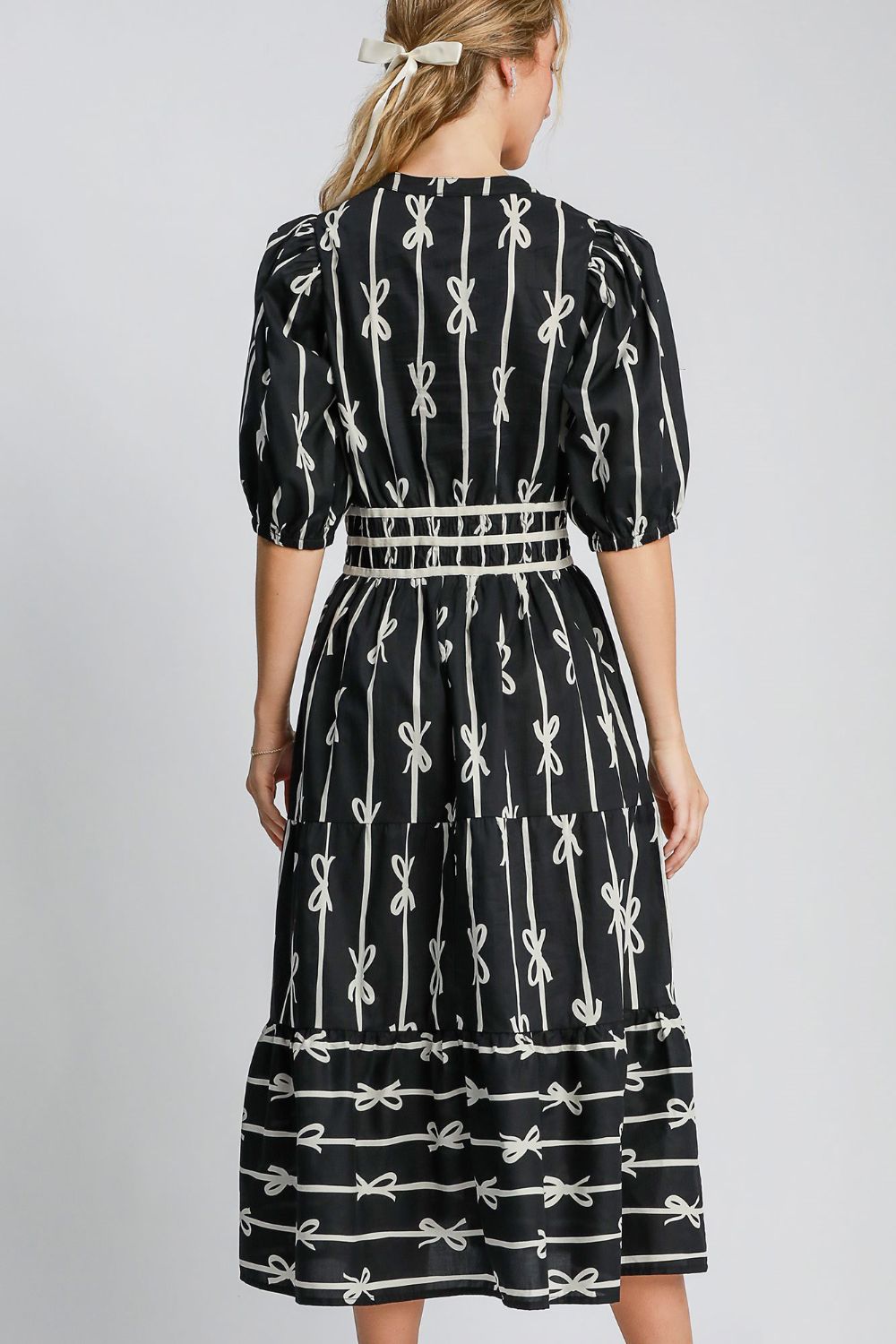 Elegant Bow Tie Print Notched Neckline Contrast Velvet Trim Midi Dress for Women | Perfect for Cocktail Parties, Weddings & Holiday Events