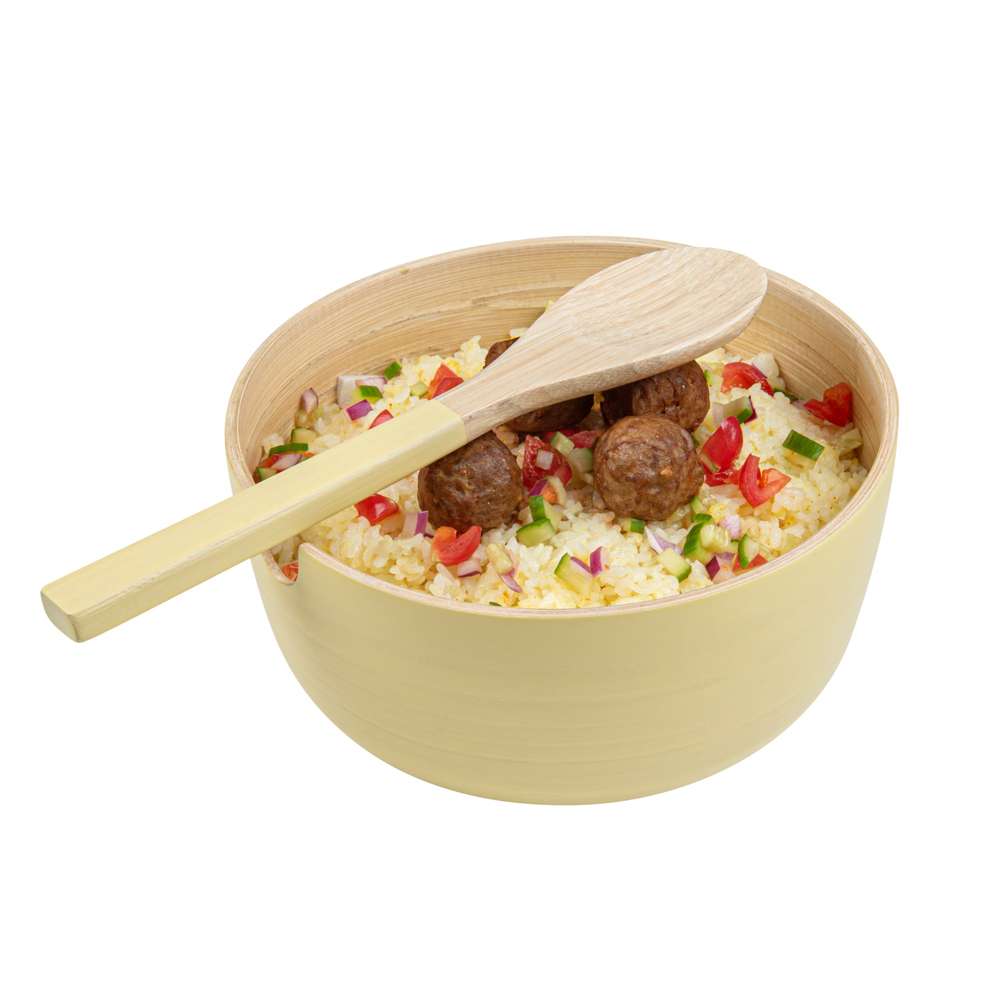 Bambuddha 25 oz Round Cream Spun Bamboo Serving Bowl with Spoon - 7.75