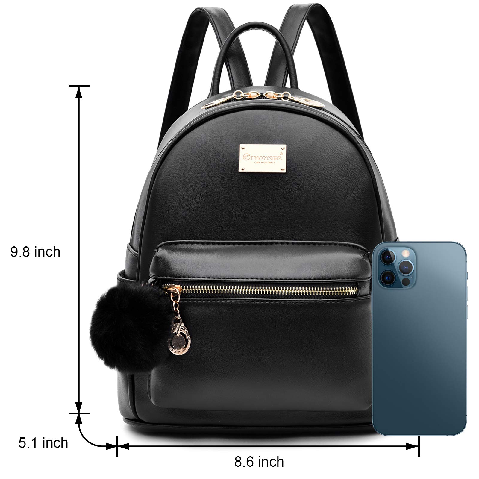 IHAYNER Girls Fashion Backpack Purse - Genuine Leather Mini Backpack for Women & Teens, Cute Satchel School Bag with Pompom, Travel Daypack for School, Work & Weekend Outings