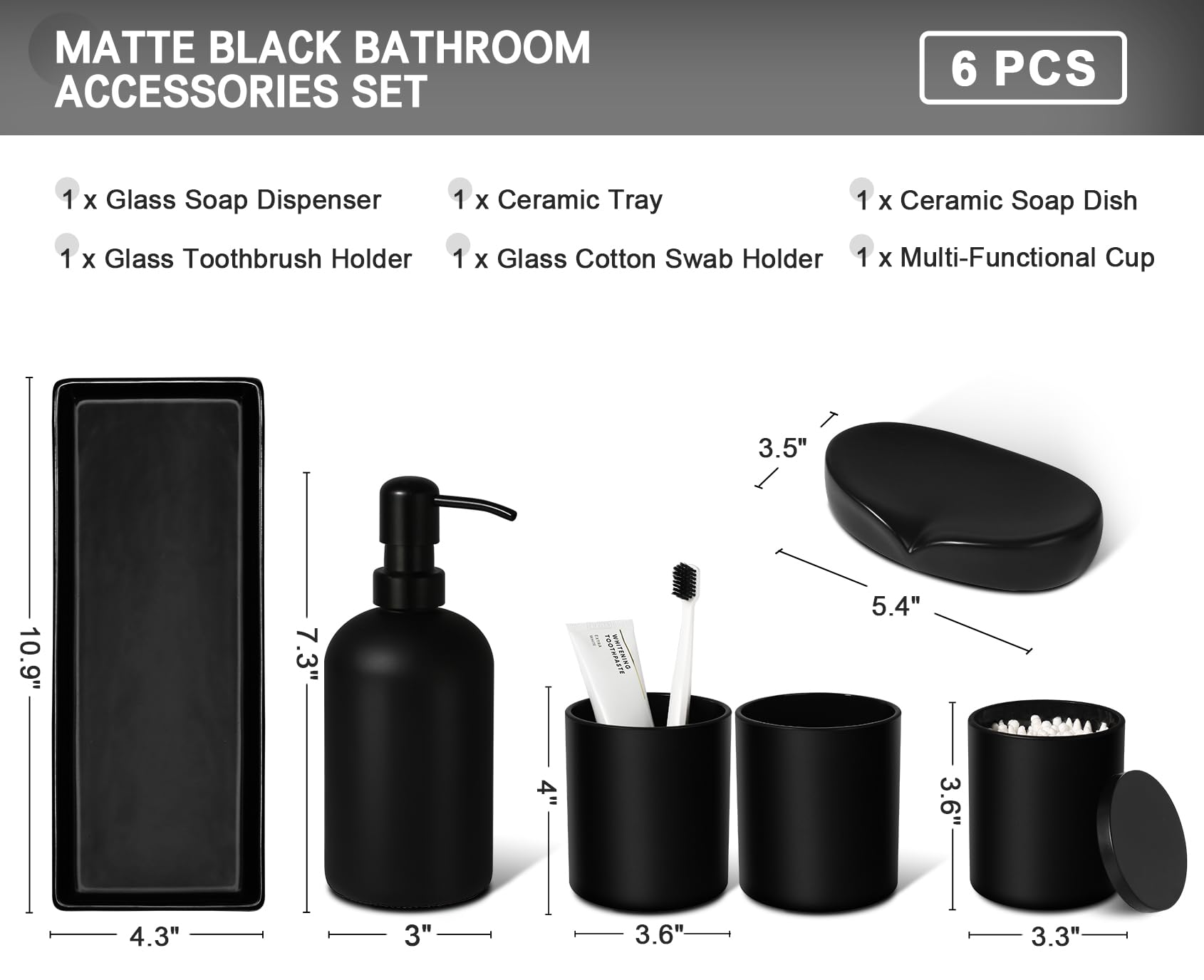 GMISUN 6-Piece Matte Black Bathroom Accessories Set - Glass Soap Dispenser, Toothbrush Holder & Ceramic Tray | Modern Sink Counter Decor for Bathroom Organization & Stylish Home Upgrade