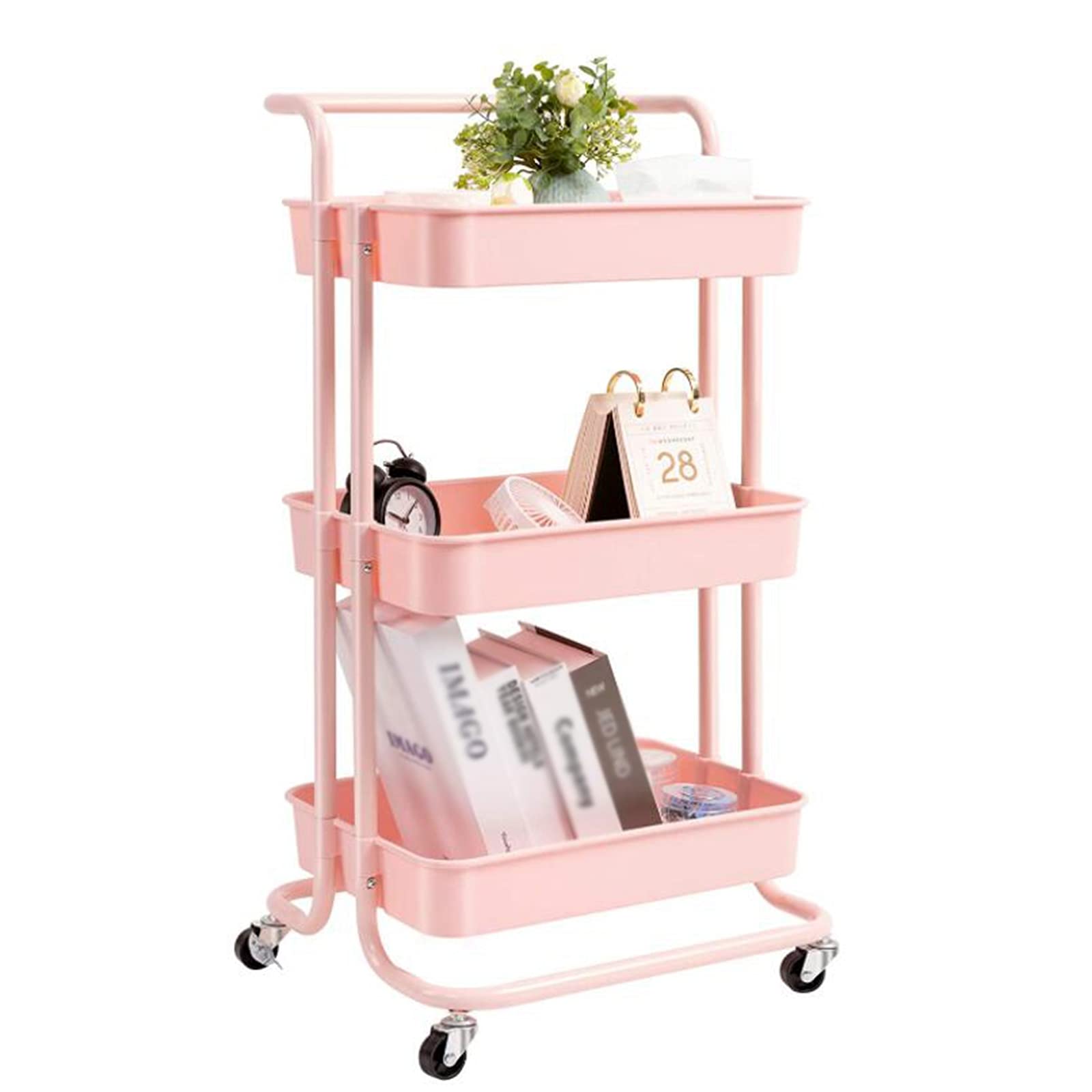 3-Tier Rolling Storage Cart with Wheels - Pink Mobile Organizer for Makeup, Kitchen, Bathroom, Office & Coffee Bar | Space-Saving Solution for Small Spaces & Home Organization