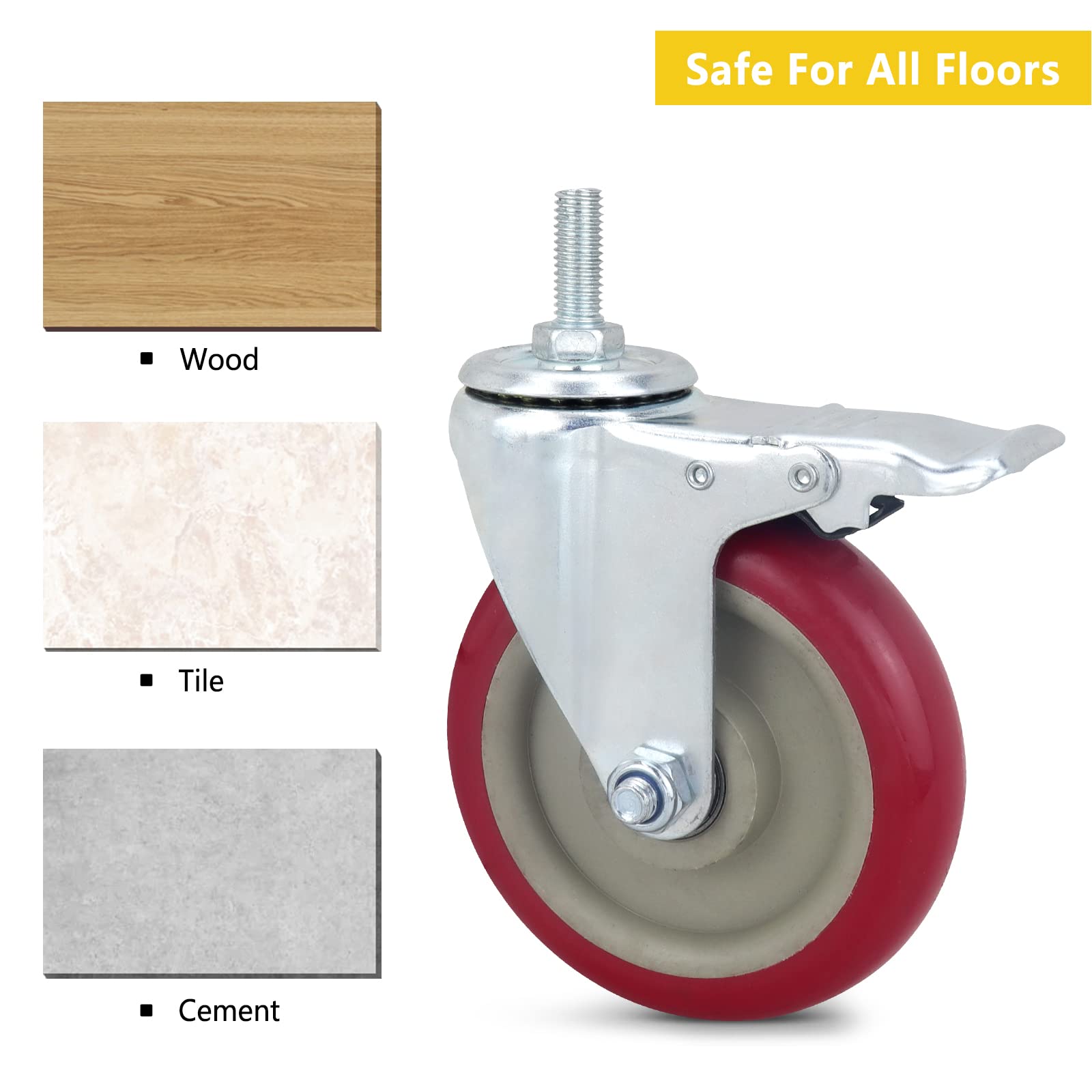 Heavy Duty Stem Casters with Brake - 5 Inch PU Noiseless Swivel Wheels Set of 4 (M12x30mm with Nut & Wrench Included) - Perfect for Industrial Carts, Workbenches, and Moving Equipment