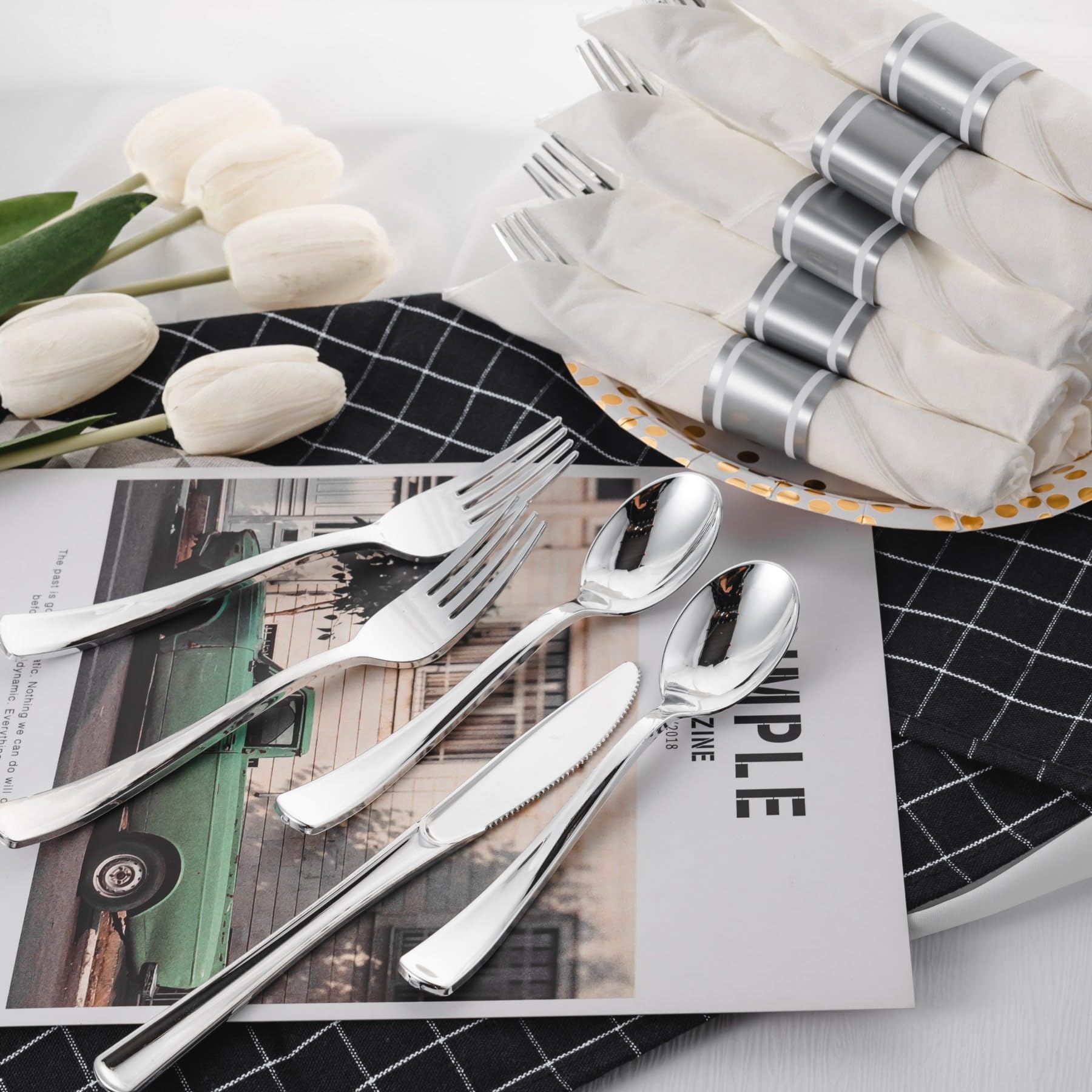 75-Piece Disposable Silver Plastic Cutlery Set - 25 Forks, 25 Knives, 25 Spoons with Napkins | Elegant Modern Flatware for Parties, Weddings, Catering & Events | Perfect for Home Dining, Picnics, Office Lunches & Special Occasions