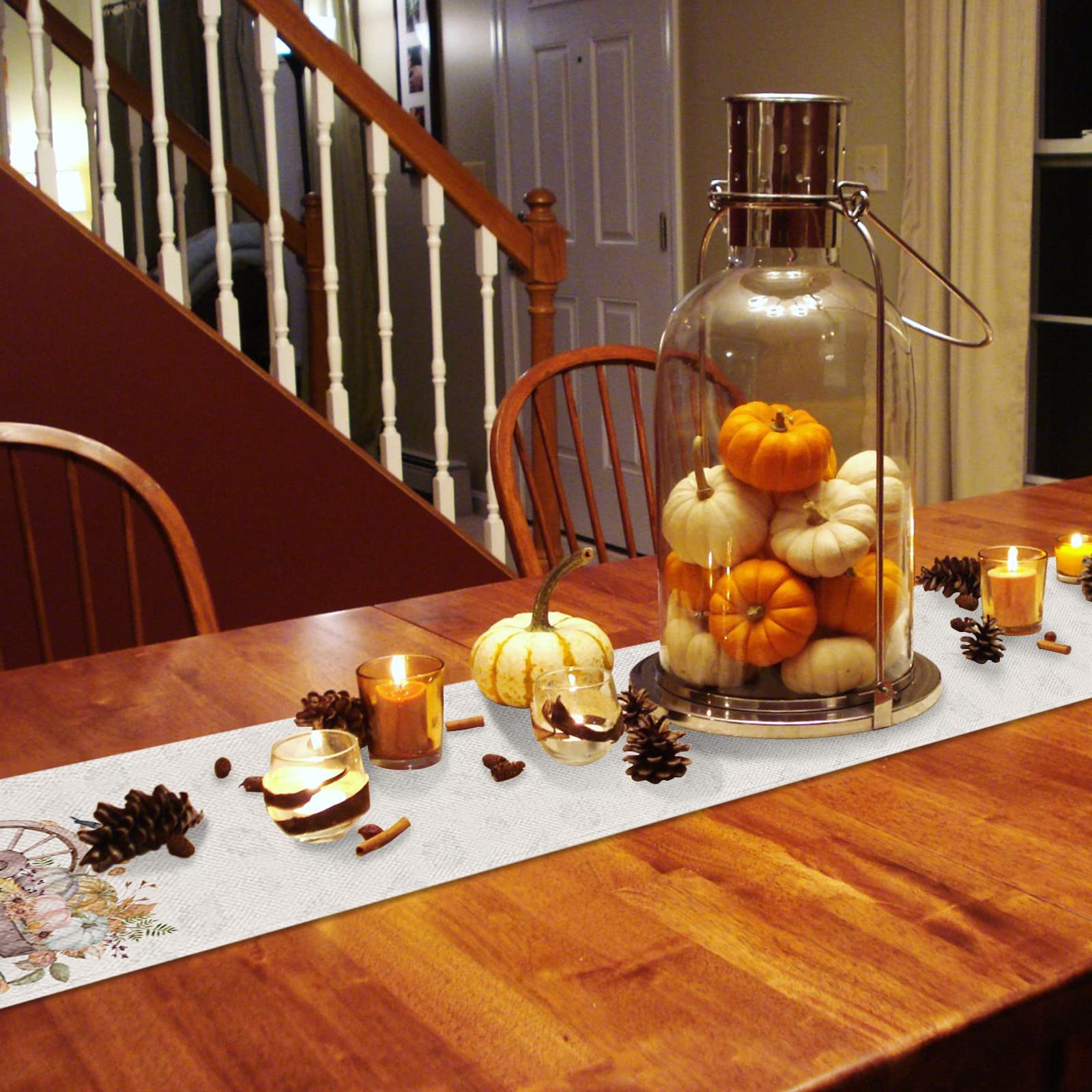 72 Inch Cotton Linen Table Runner - Farmhouse Autumn Decor with Pumpkin & Maple Leaf Design for Dining Table, Coffee Table, Wedding & Banquet | Fall Harvest Kitchen Decor