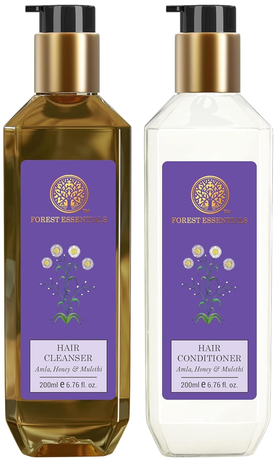 Forest Essentials Hair Cleanser with Amla, Honey & Mulethi - 200ml Shampoo & Conditioner Combo for Dry & Damaged Hair - Natural Ayurvedic Hair Care for Daily Use at Home or Travel