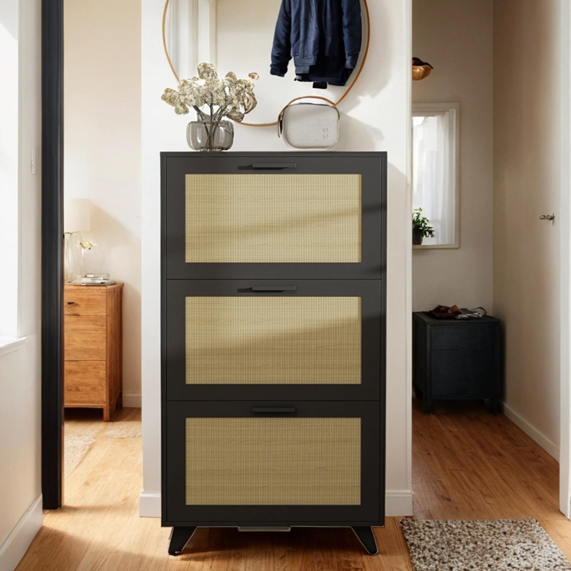 **Anystyle Rattan Black 3-Tier Flip Drawer Shoe Cabinet - Boho Narrow Shoe Storage Organizer for Entryway, Closet & Hallway - Wooden Shoe Rack for Small Spaces, Home & Apartment Decor**