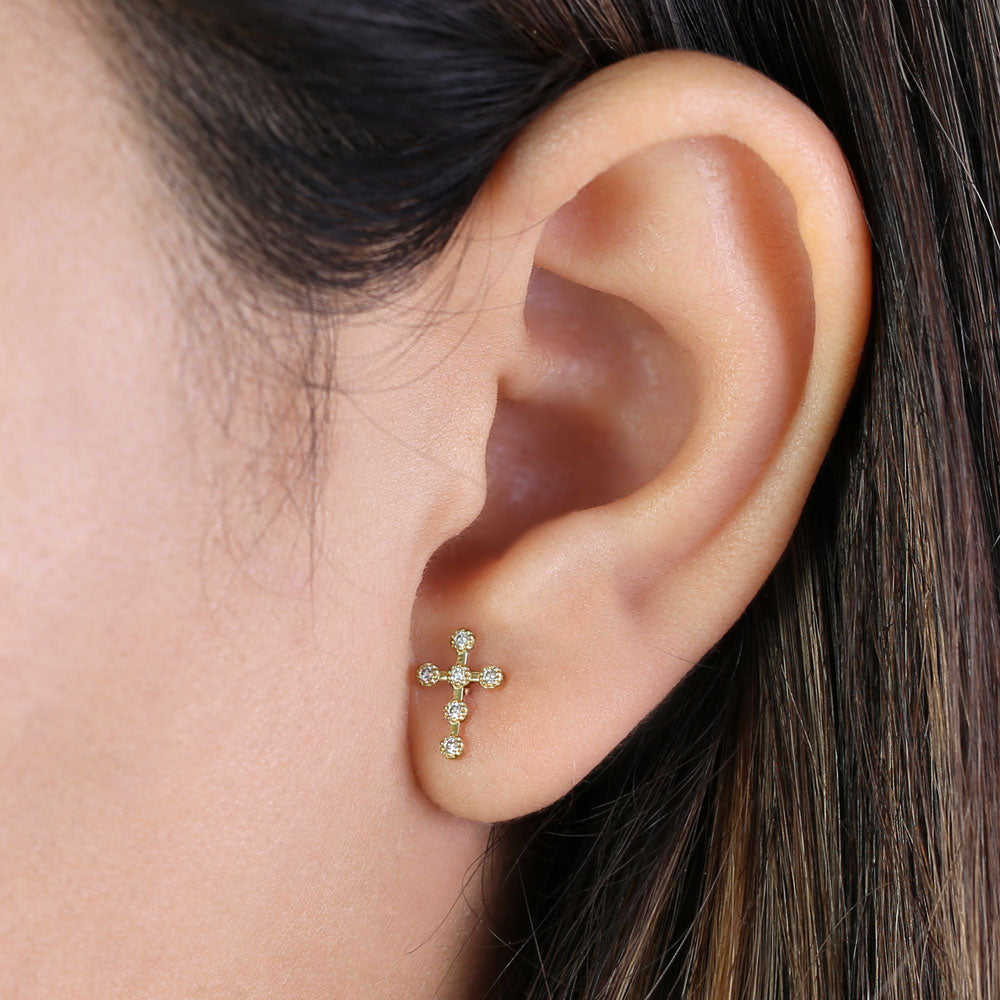 14K Solid Gold Bead Cross Diamond Earrings for Women - Elegant Religious Jewelry for Church, Weddings & Special Occasions
