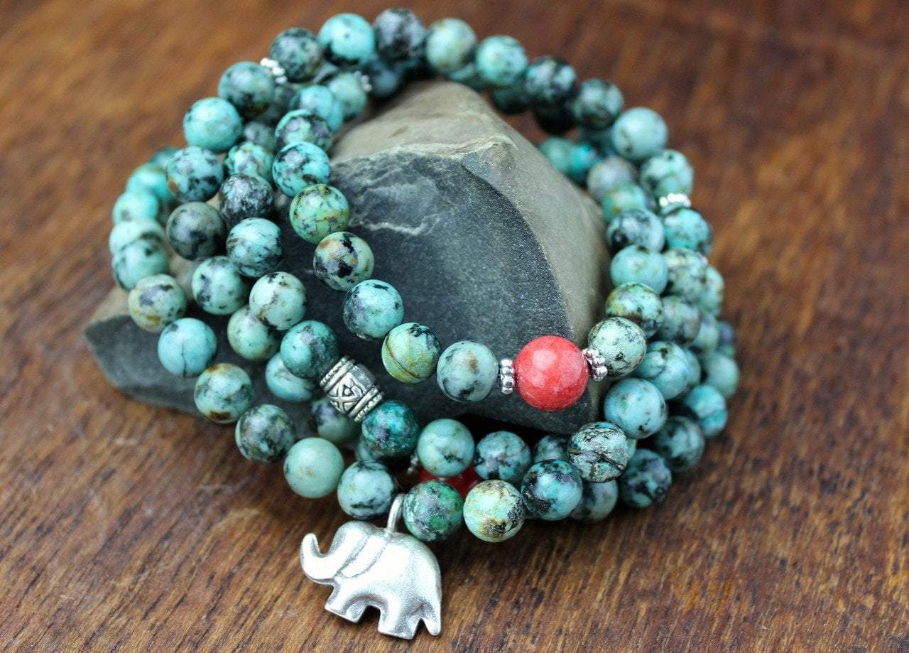 Handmade African Turquoise Elephant Stretch Mala Beads - Meditation, Yoga & Spiritual Healing Jewelry for Women & Men