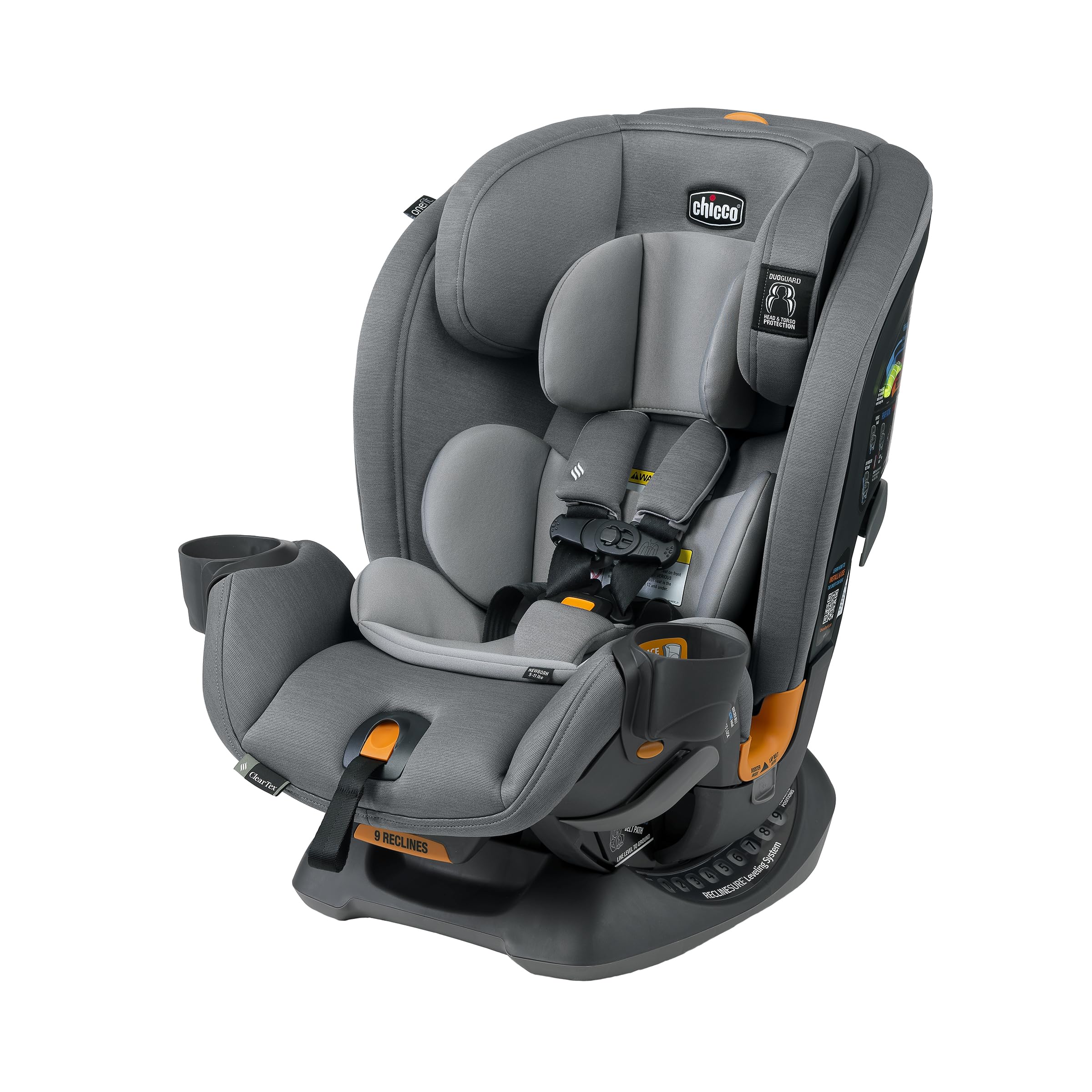 Chicco OneFit ClearTex Convertible All-in-One Car Seat for Infants & Toddlers - Rear Facing (5-40 lbs), Forward Facing (25-65 lbs), Booster (40-100 lbs) - Slim Design, Breathable Fabric - Drift Grey - Perfect for Family Travel & Daily Commute