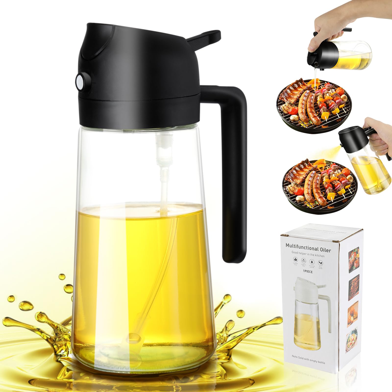 2 in 1 Glass Olive Oil Sprayer & Dispenser - 16oz Kitchen Oil Mister for Cooking, Air Fryer, Salad, BBQ - Perfect for Healthy Cooking, Baking & Grilling