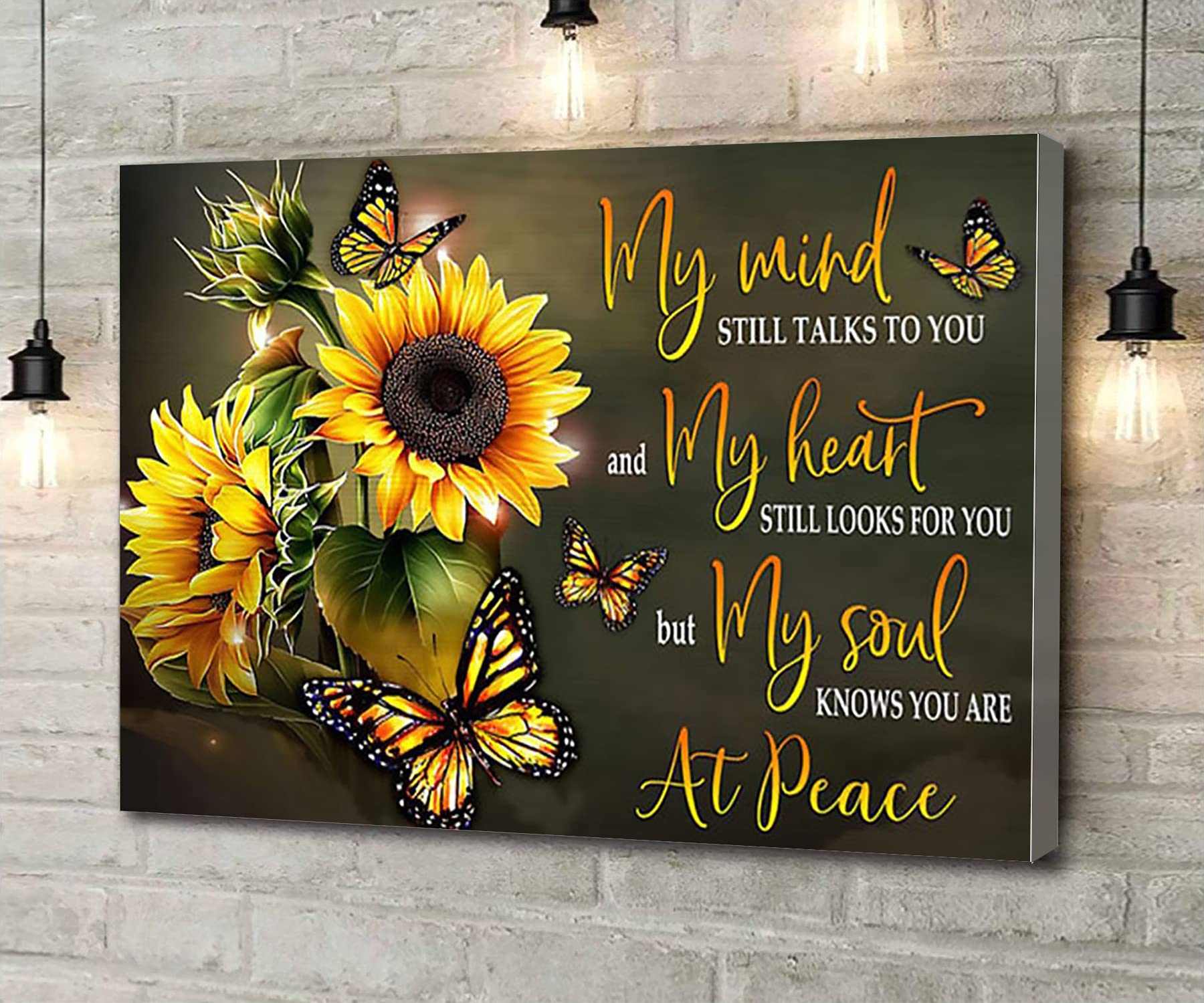 Butterfly My Mind Still Talks To You Canvas Wall Art - 16x24 Inch Sunflower & Butterflies Painting Print, Stretched & Framed Ready to Hang - Modern Home Decor for Living Room, Bedroom & Office
