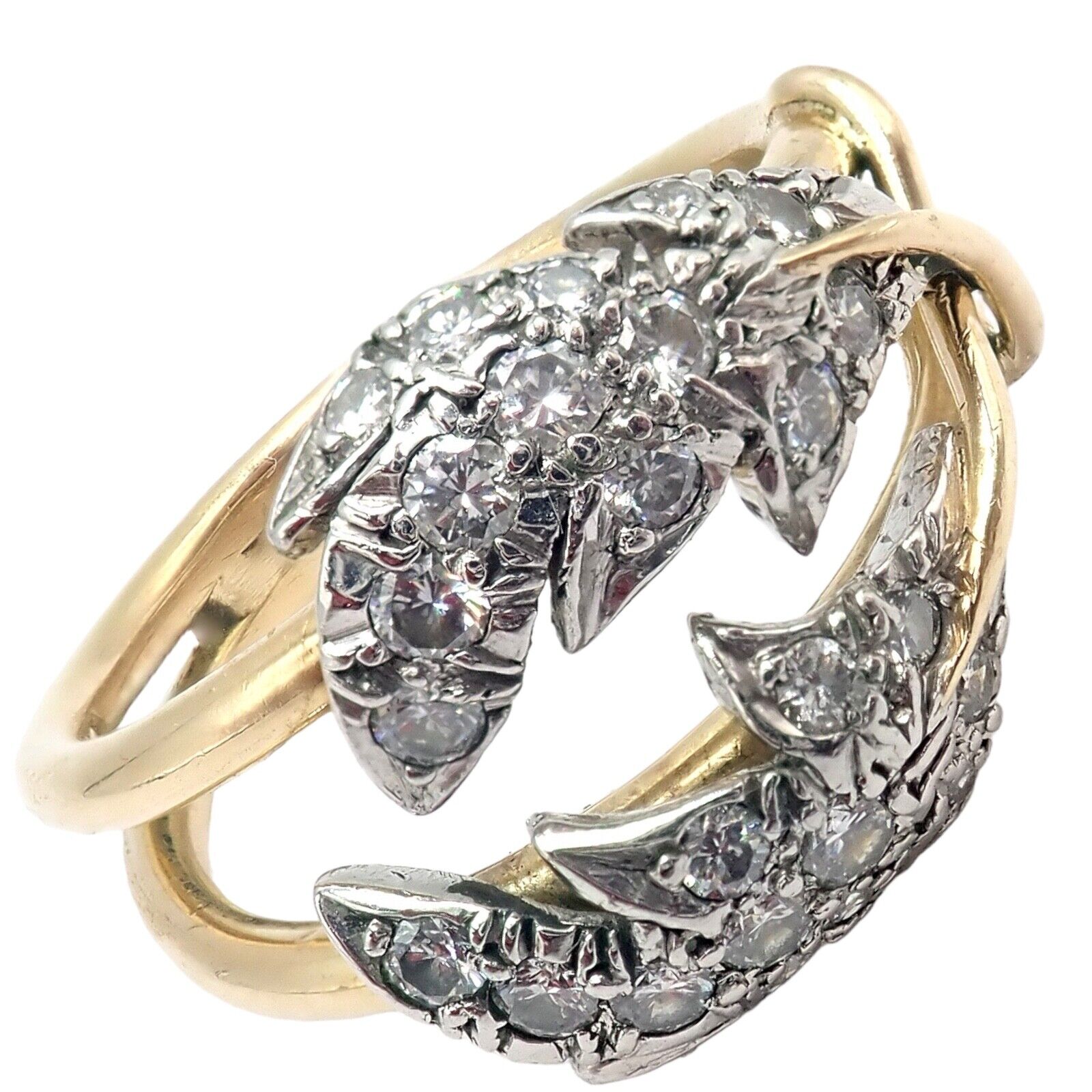 Authentic Tiffany & Co. Schlumberger Diamond Ring in 18K Yellow Gold & Platinum - Elegant Two Leaf Design for Weddings, Anniversaries & Special Occasions