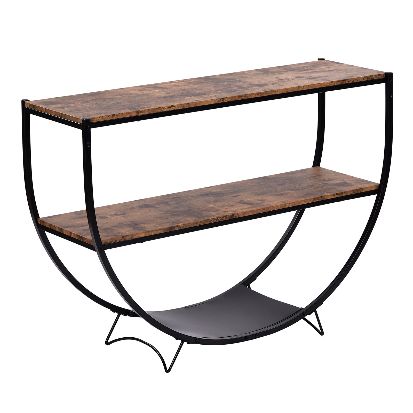 ADKINC Industrial Style Sofa Table - Rustic Demilune Console Table with Textured Metal Frame & Wood Top for Living Room, Entryway or Hallway - Open Storage Shelf, Distressed Brown Finish | Perfect for Small Spaces, Farmhouse Decor & Apartment Living