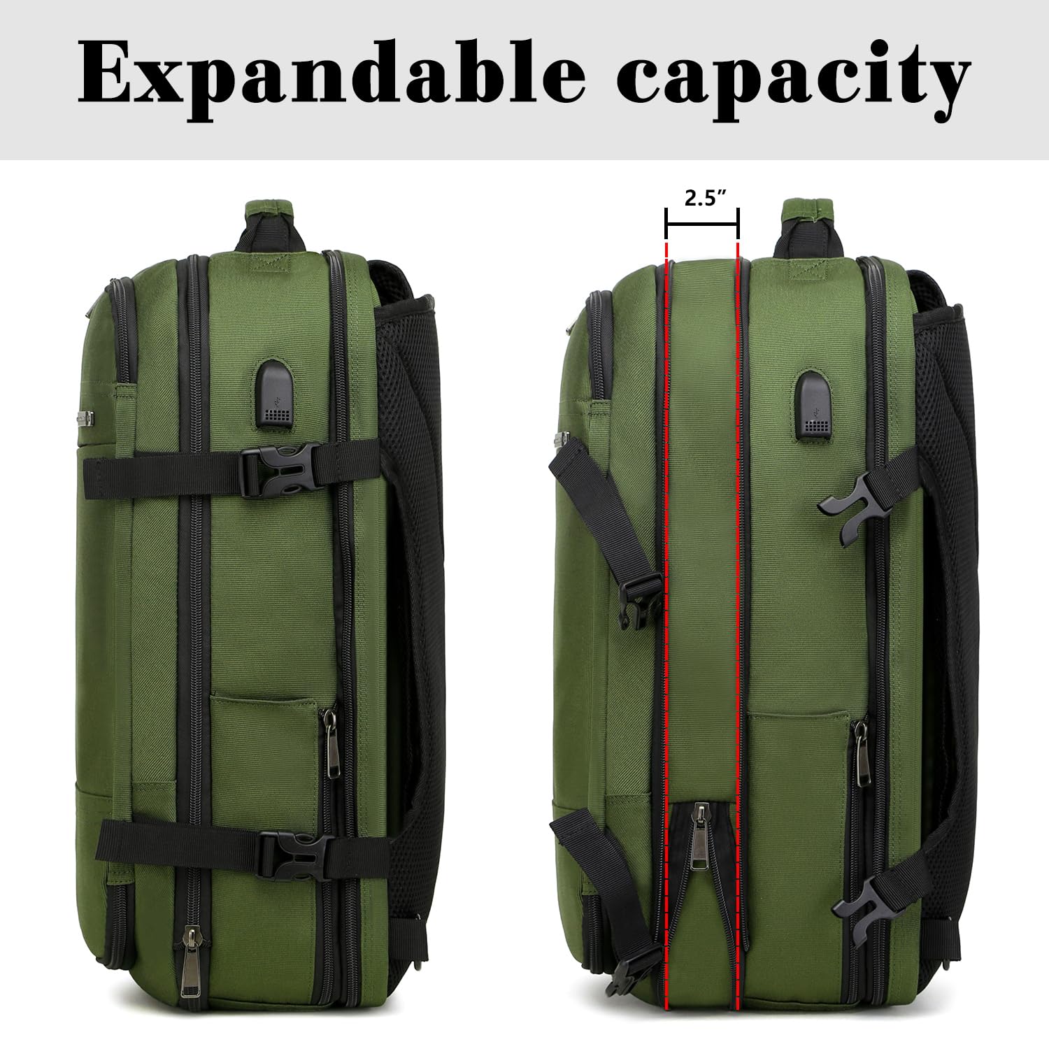 TUGUAN 17 Inch Expandable Laptop Backpack 36L with USB Charging Port, Green Business Computer Backpack for Men & Women, Durable Work & Commuting Backpack for Office, School, and Travel