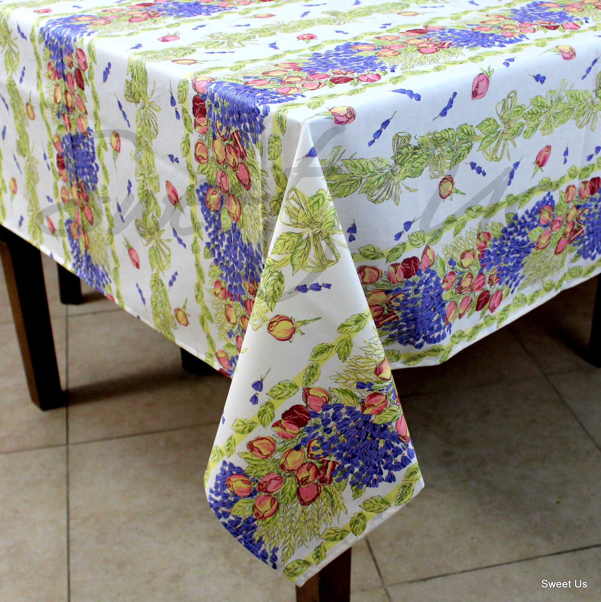 La Cigale Spill-Proof Wipeable Acrylic Coated Cotton Tablecloth - French Provencal Style with Lavender Roses Design (60x78 Inches) for Rectangle Tables | Available in White, Ivory, Ecru, Purple, Green & Red | Perfect for Dining Rooms, Kitchens, and Outdoor Gatherings
