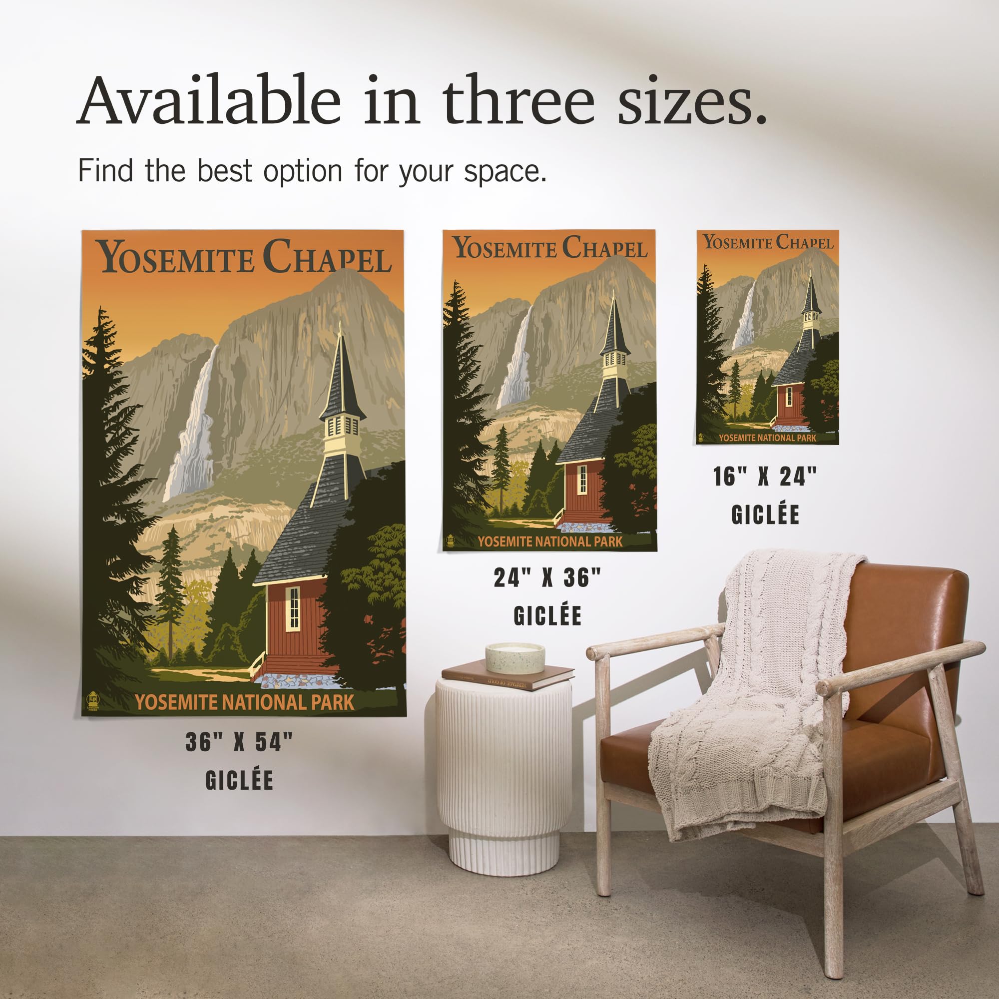 Lantern Press 16x24 Inch Premium Giclee Art Print - Yosemite Chapel & Yosemite Falls Landscape Wall Decor - Perfect for Living Room, Bedroom & Office