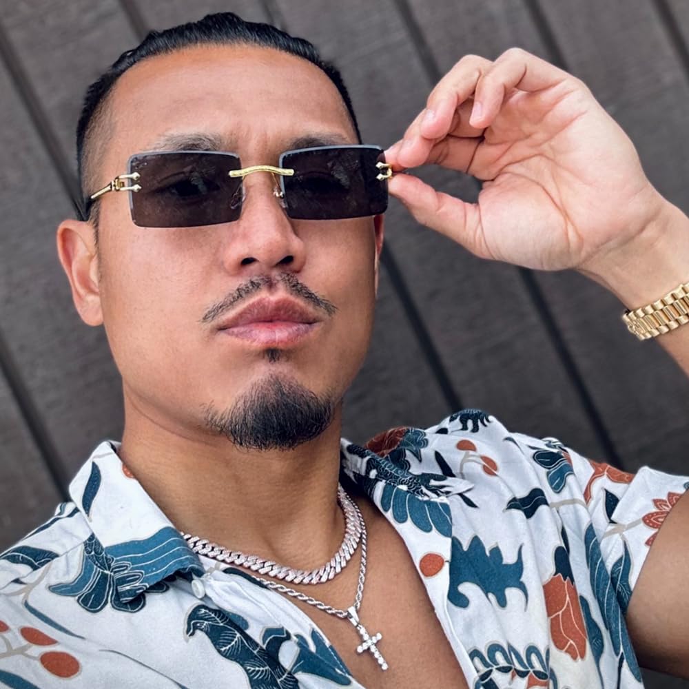 Vintage 90s Retro Hip Hop Sunglasses for Men & Women - Gold Wire Frame Metal Arm Rimless Square Rectangular Sun Glasses with Dark Black Tint - Perfect for Streetwear, Hip Hop Fashion, and 90s Vintage Style