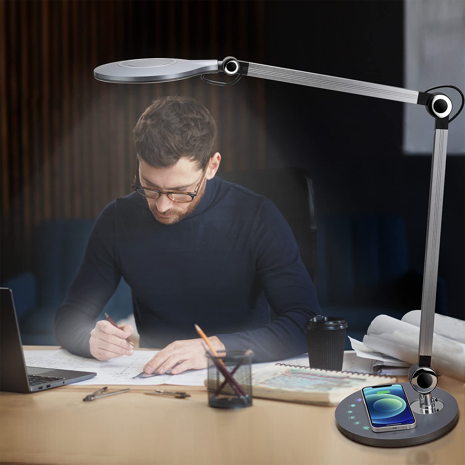 **LED Architect Desk Lamp with Wireless Charger - Adjustable Swing Arm, Touch Control, 3 Lighting Modes & 5 Brightness Levels - Eye-Caring Office Lamp for Home, Study & Workspace**