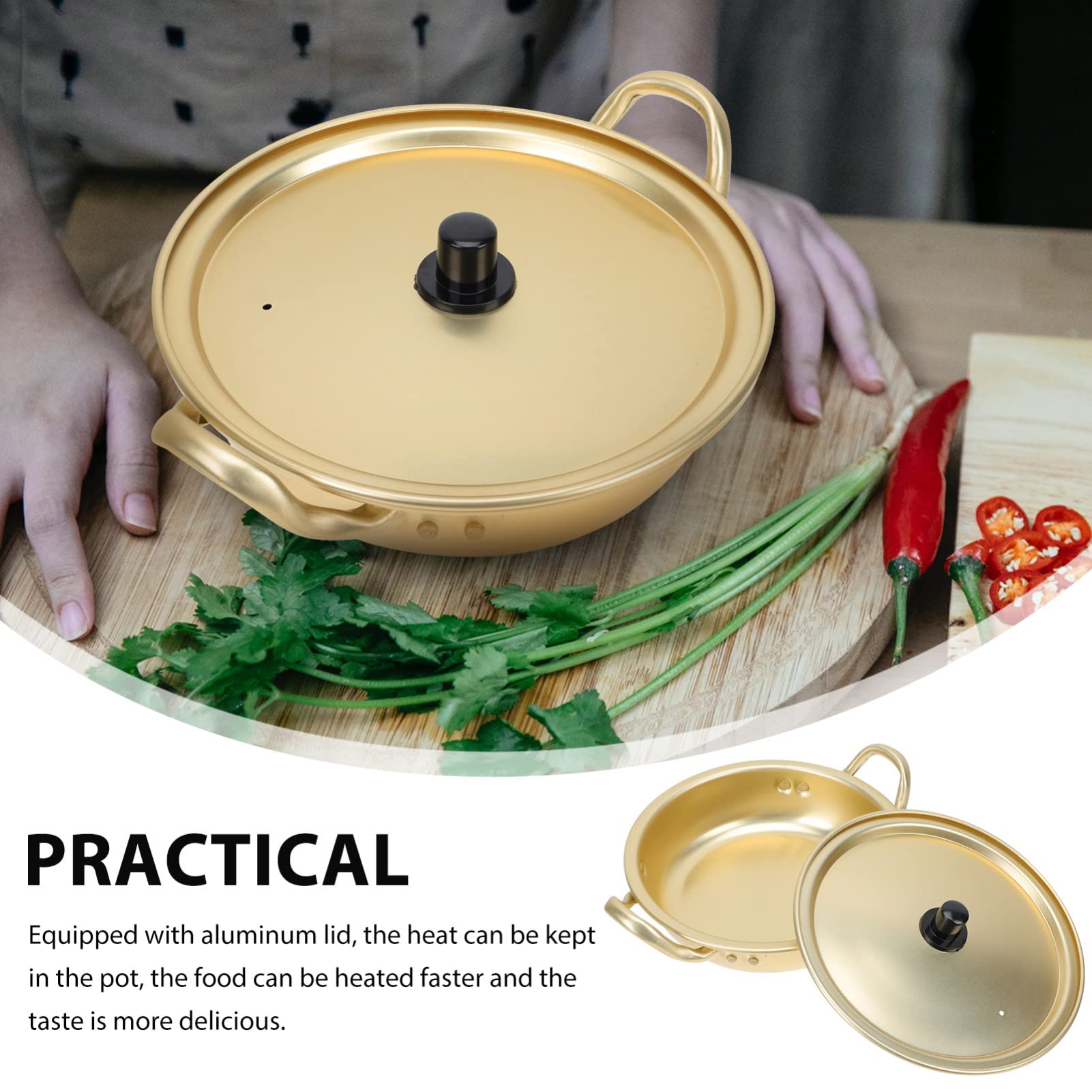 Korean Ramen Pot Noodle Bowl - Golden Korea Instant Noodles Cooking Pot with Lid & Handle - Aluminum Soup Cooker Set - Double Ear Ramyun Bowl for Home & Restaurant Use - Perfect for Camping, Dorm Cooking & Asian Cuisine Preparation