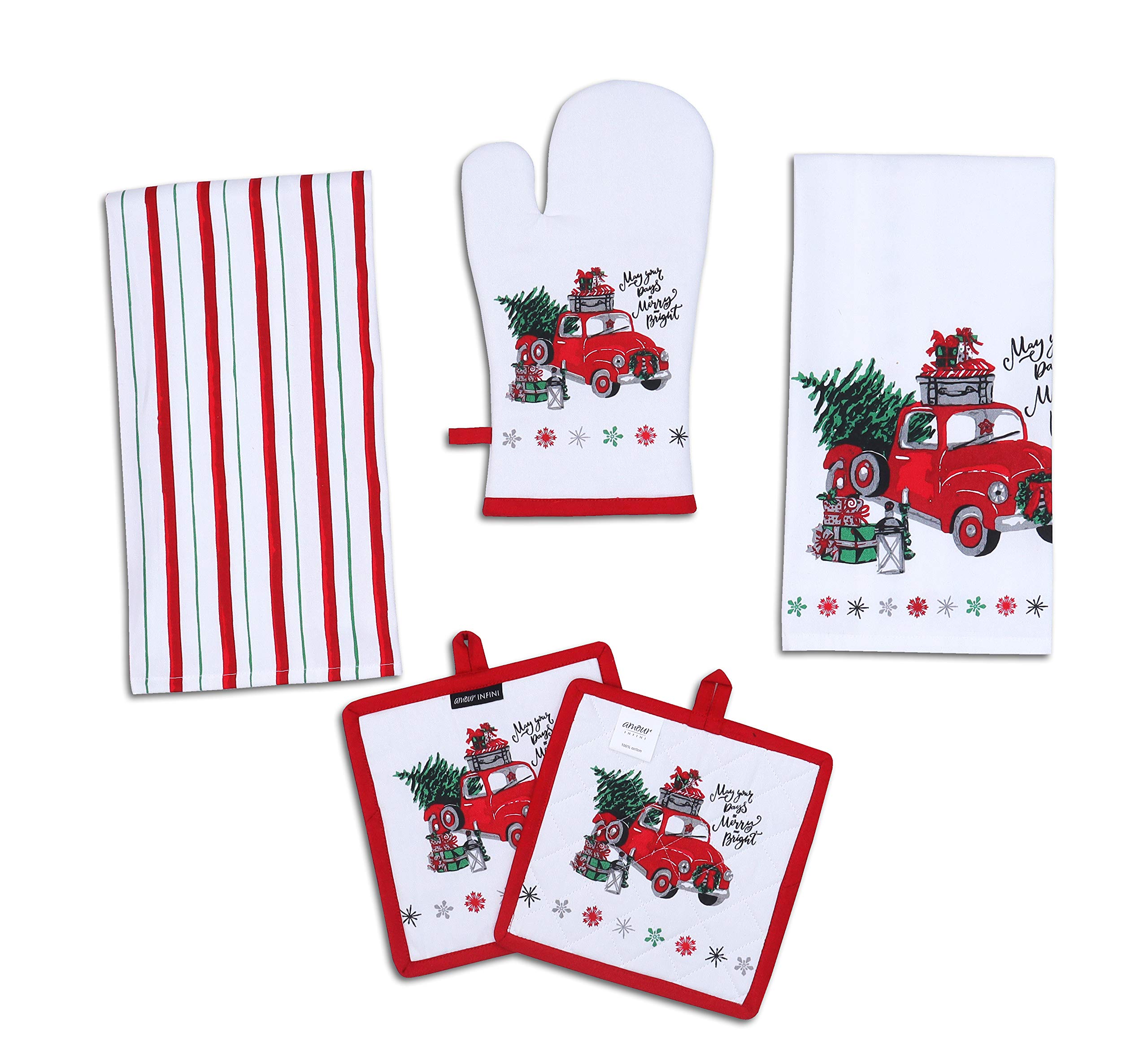 AMOUR INFINI 5-Piece Heat Resistant Kitchen Set - Cotton Pot Holders, Oven Mitt & Kitchen Towel for Cooking, Baking & Grilling | Christmas Gift for Home Chefs & Holiday Hosting