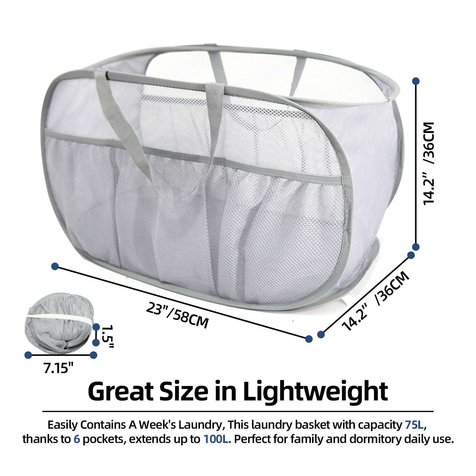 Upgrade Collapsible Laundry Basket with Mesh Bags - Foldable Pop Up Hamper for Clothes, Toys & Travel - Lightweight & Portable for Dorm, Home & Camping (Grey) | Perfect for Laundry Day, College Dorm Storage & Outdoor Adventures