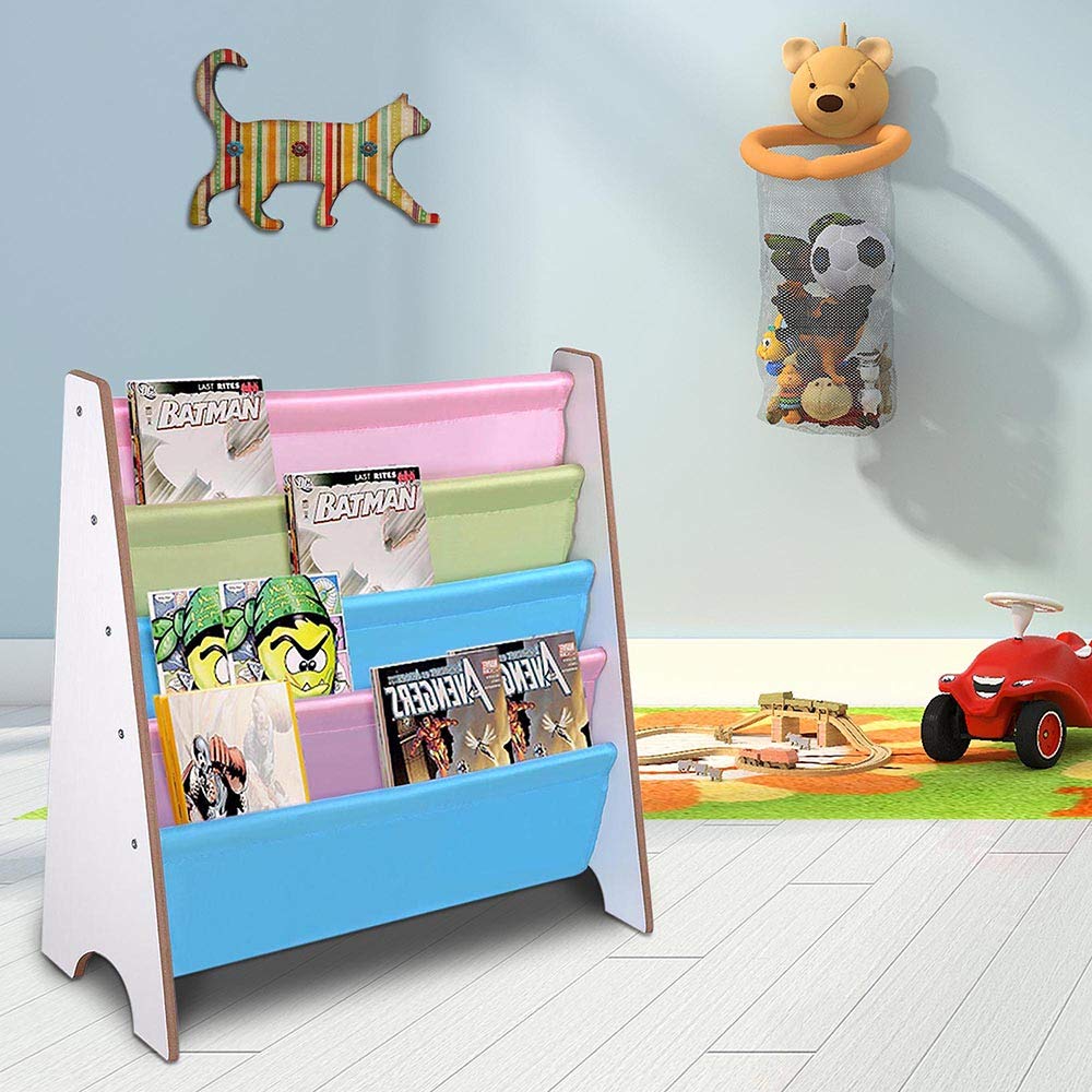 Yescom Wooden Kids Book Shelf - Sling Storage Rack Organizer for Children's Books | Nursery, Playroom & Classroom Bookcase Display Holder in White