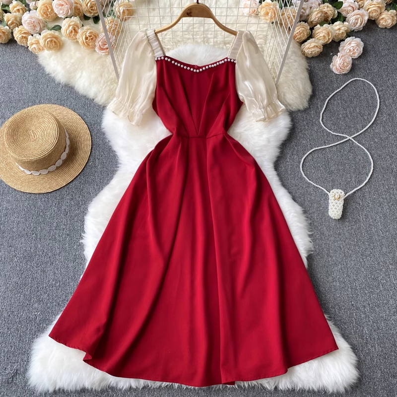 Elegant Beaded A-Line Chiffon Dress for Women - Summer Short Sleeve Flowy Skirt 1189 | Perfect for Beach Weddings, Garden Parties & Date Nights