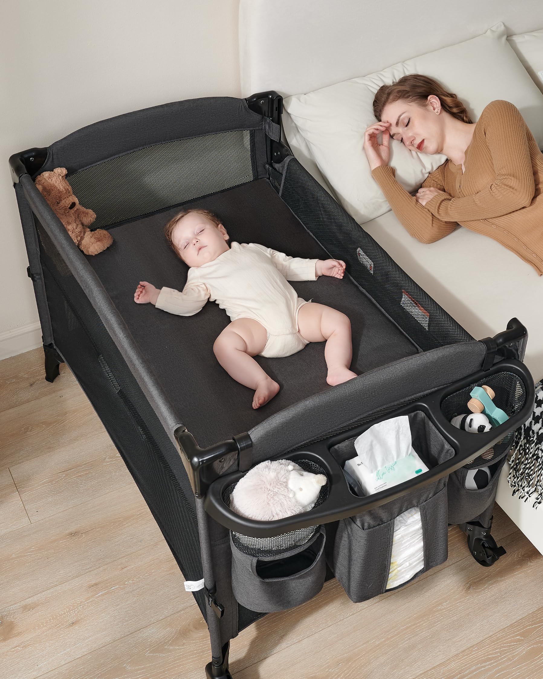 4 in 1 Baby Bassinet Bedside Sleeper - Convertible Crib, Playard, Portable Changing Table & Newborn Bassinet with Wheels & Brakes | Perfect for Nursery, Bedroom & Travel Use
