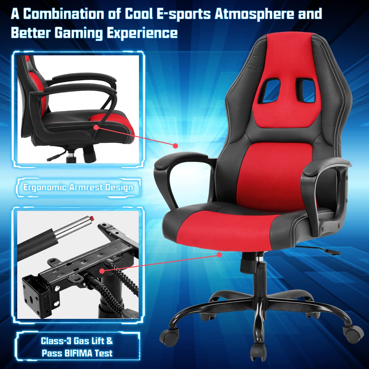 Ergonomic Gaming Chair for Adults & Teens - High Back PU Leather PC Computer Office Chair with Lumbar Support, Adjustable Height & 360° Swivel - Perfect for Gaming, Work & Study (Red)