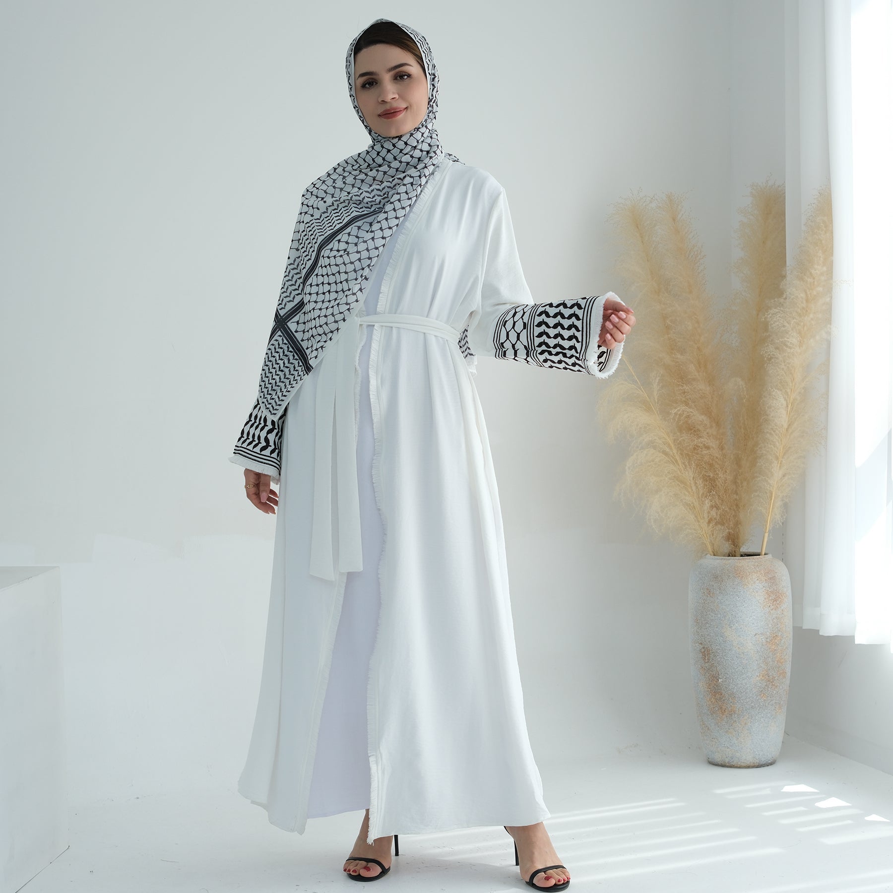Stylish White Kufiya Open Abaya Set for Women - Modest Islamic Prayer Dress & Elegant Everyday Outfit