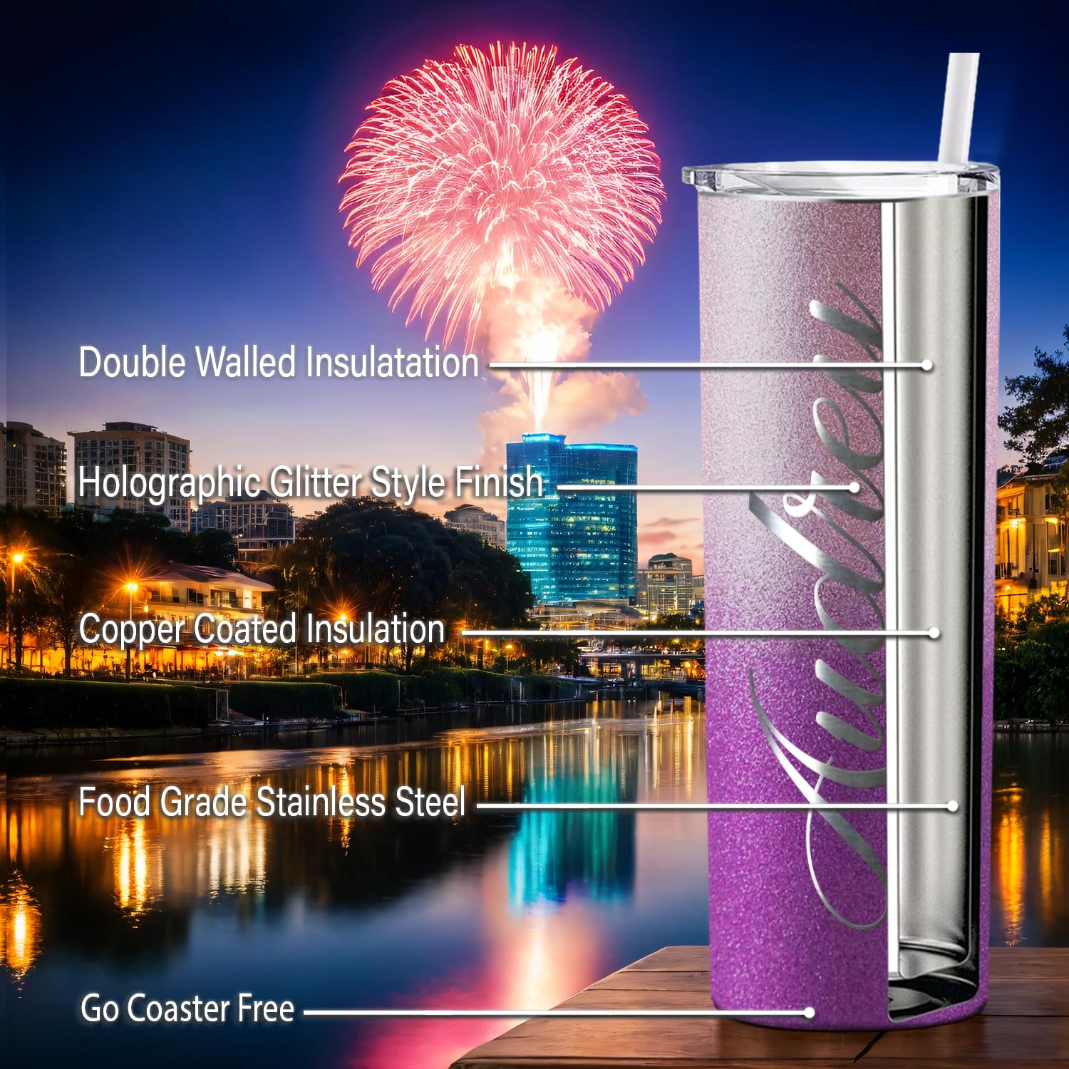 Customized 20 oz Skinny Stainless Steel Vacuum Insulated Tumbler with Lid - Personalized Laser Engraved Lavender Twilight Design - Perfect Gift for Coffee, Tea & Cold Drinks at Home, Office or Travel