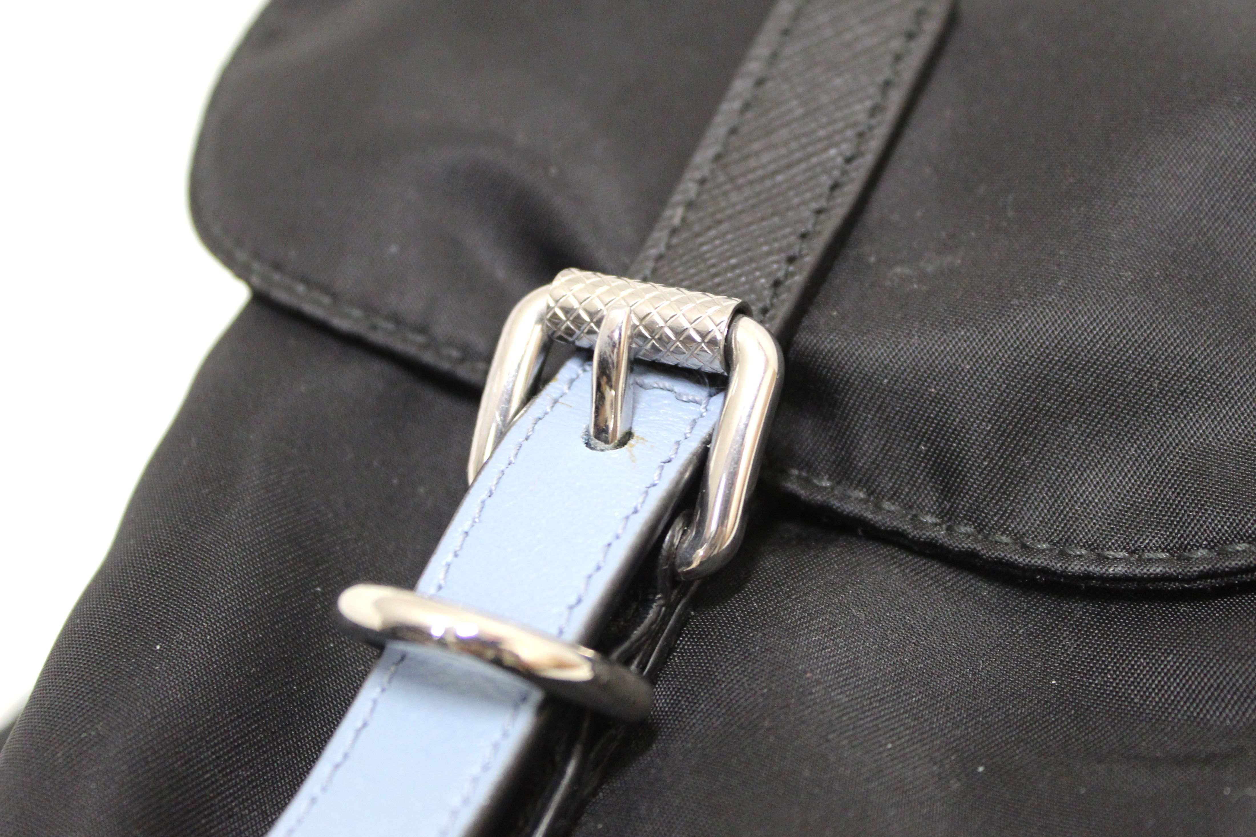 Authentic Prada Black Nylon Backpack with Blue/White Leather Strap - Elektra Tessuto Design for Women, Travel, Work & School | Stylish Luxury Handbag for Everyday Use