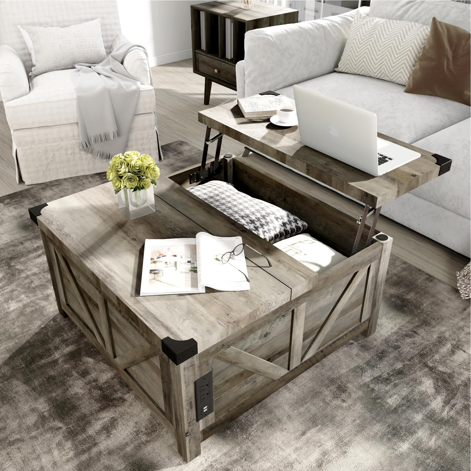 Farmhouse Lift Top Coffee Table with Storage & USB Charging Station - Wood Square Center Table with Large Hidden Compartment - Perfect for Living Room, Bedroom & Home Office - Ideal for Small Space Organization & Modern Home Decor