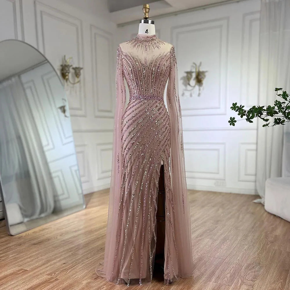 Elegant Pink Cape Sleeve Mermaid Evening Gown with Beaded Details - Luxury Dubai Style Wedding Dress for Women | Perfect for Red Carpet Events, Galas & Formal Parties 2025 LA72449