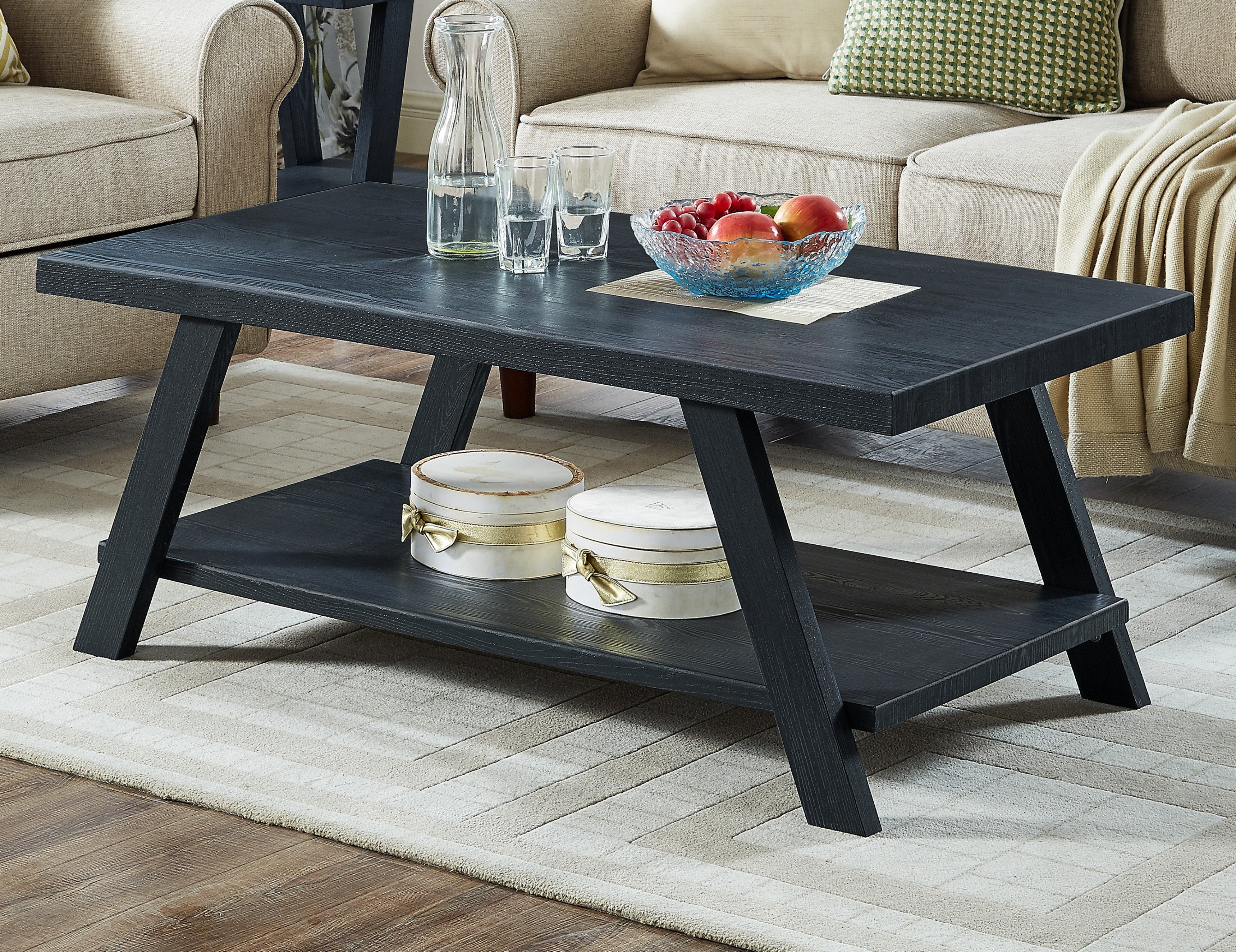 Roundhill Furniture Athens Contemporary Replica Wood Shelf Coffee Table - Black Finish - Modern Living Room Centerpiece for Home Decor