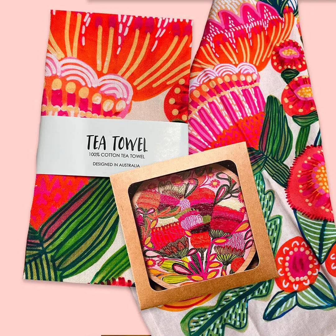 Premium Aussie Natives Tea Towel & Coaster Set - 100% Cotton Kitchen Towels with Matching Coasters - Perfect for Australian-Themed Kitchens, Gifts & Home Decor