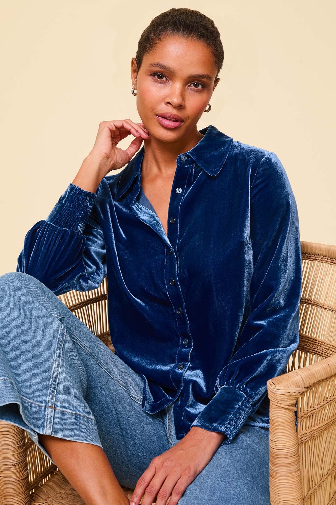 Ffion Velvet Shirt for Women - Soft Luxe Stretch Fabric, Blue Sapphire Color, Elegant Long Sleeve Blouse for Office, Date Night & Special Occasions