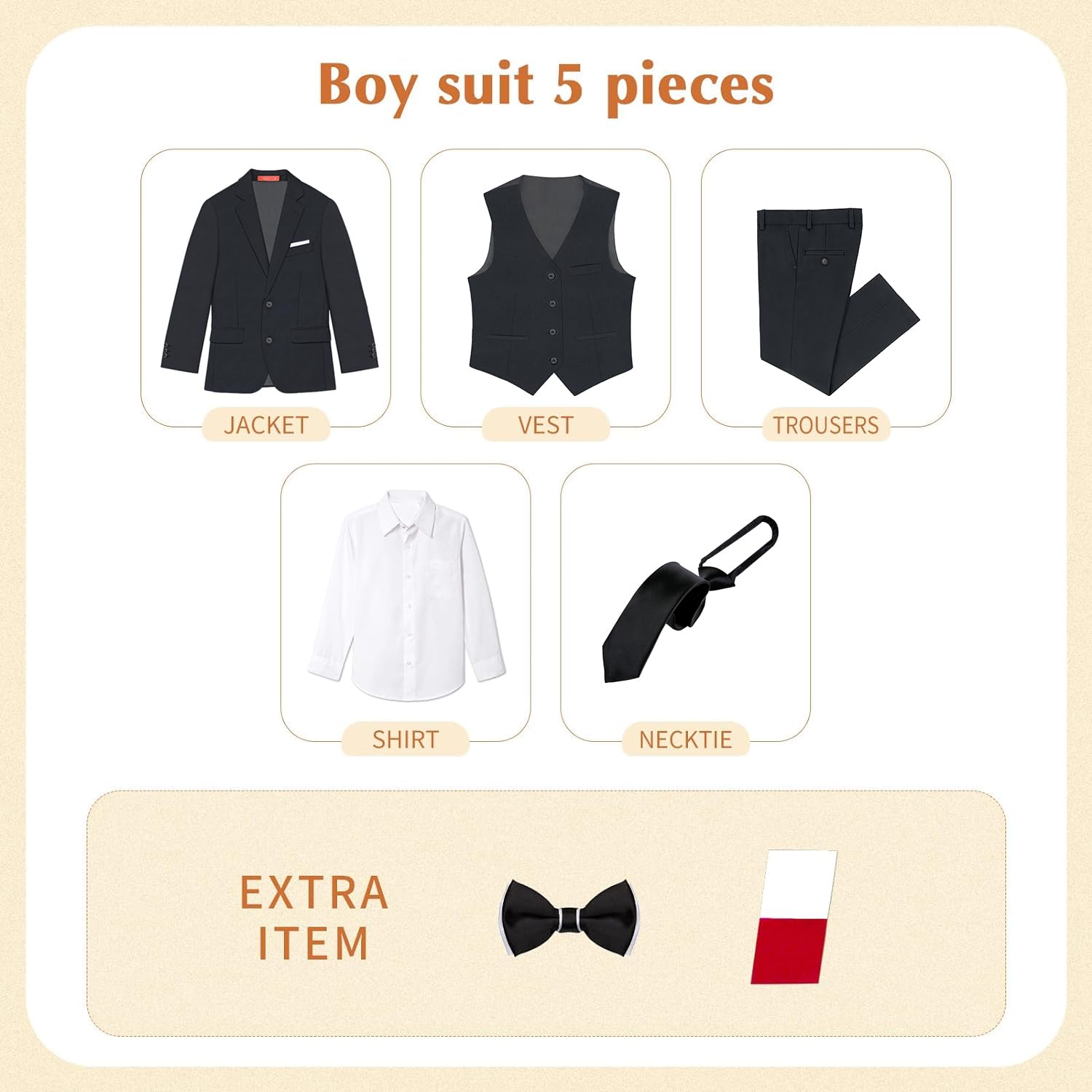 PLAVICT Boys' Slim Fit 5-Piece Suit Set with Adjustable Waist for Weddings & School Events
