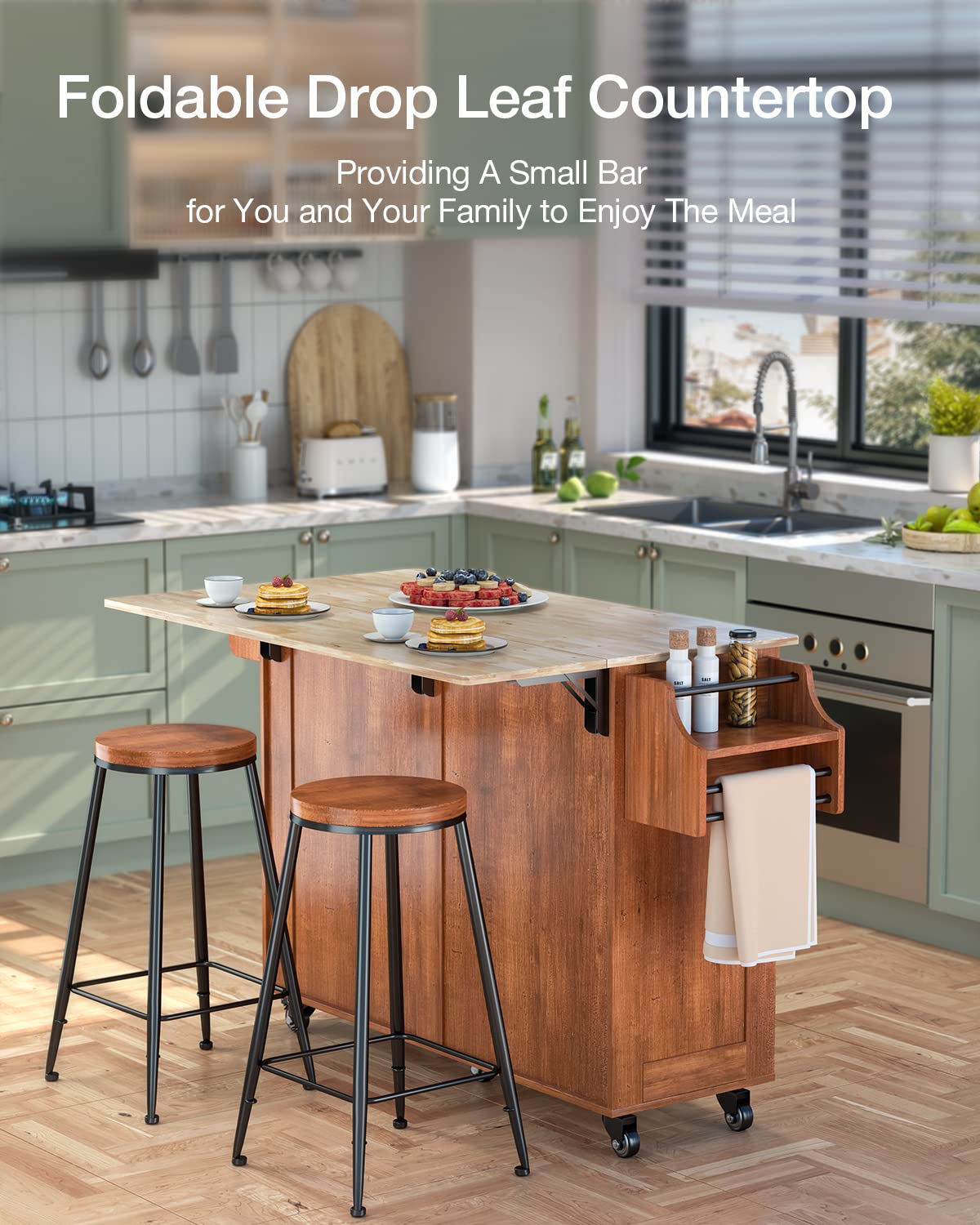 Brown Kitchen Island Cart with Drop Leaf, 2 Drawers & Spice Rack - Mobile Storage Cabinet with Towel Holder for Small Spaces - Perfect for Apartments, Dorms & Compact Kitchens