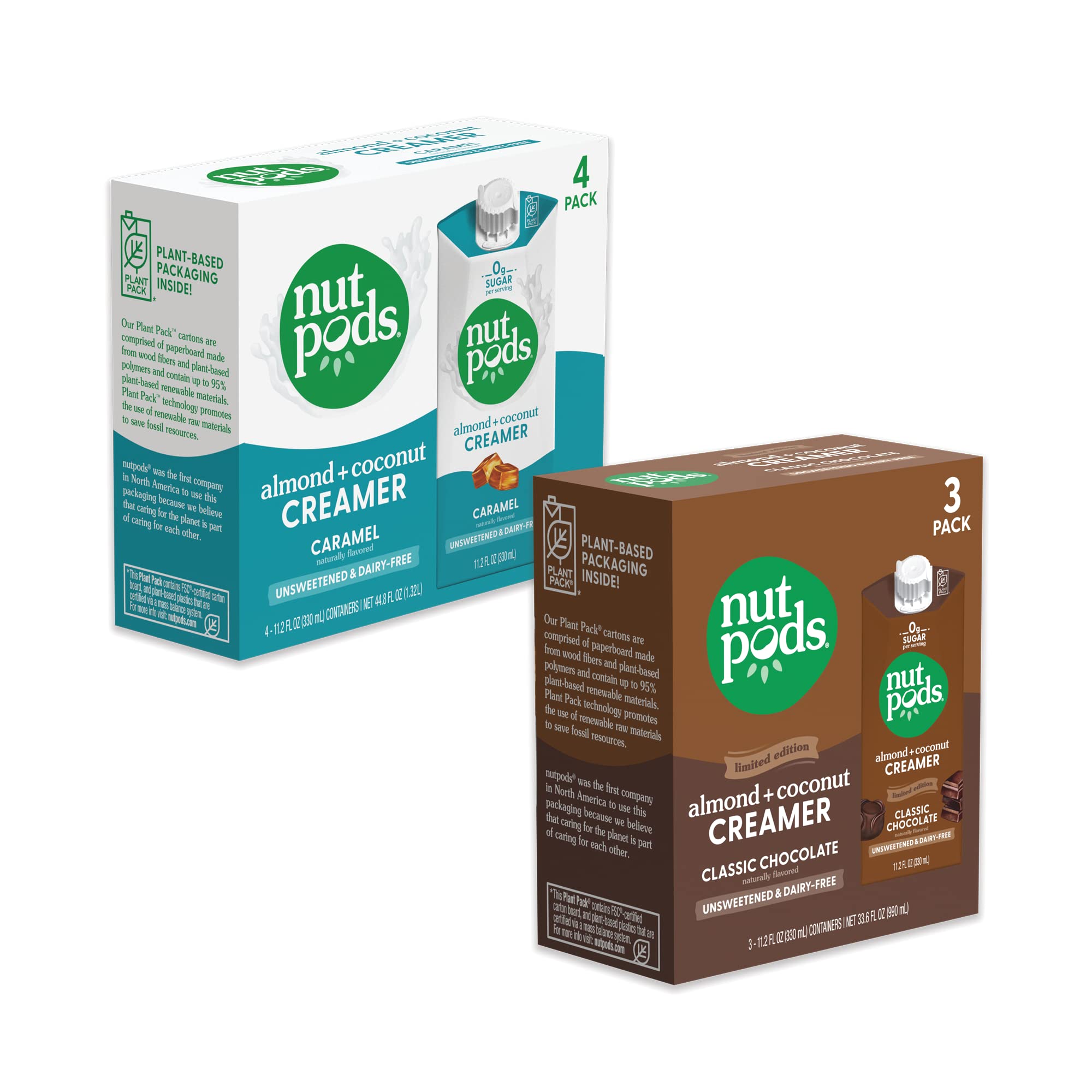 Nutpods Caramel & Classic Chocolate Non-Dairy Coffee Creamer Bundle - 4 Pack Caramel + 3 Pack Chocolate, Sugar-Free Almond Coconut Creamer for Coffee, Tea & Baking | Vegan, Keto-Friendly