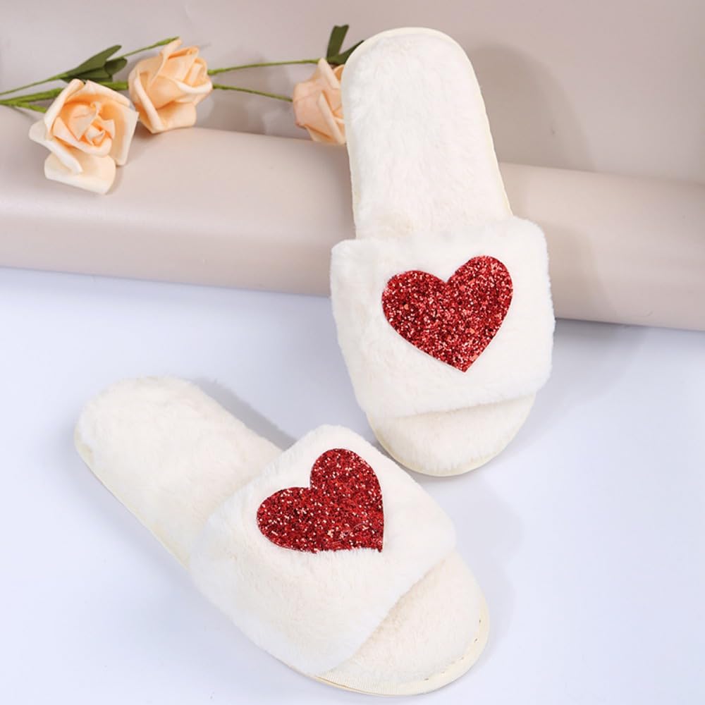 Women's Heart Fuzzy Slippers - Soft Fluffy Cozy House Slides with Open Toe for Indoor Comfort - Perfect for Brides, Lounging & Gift Giving