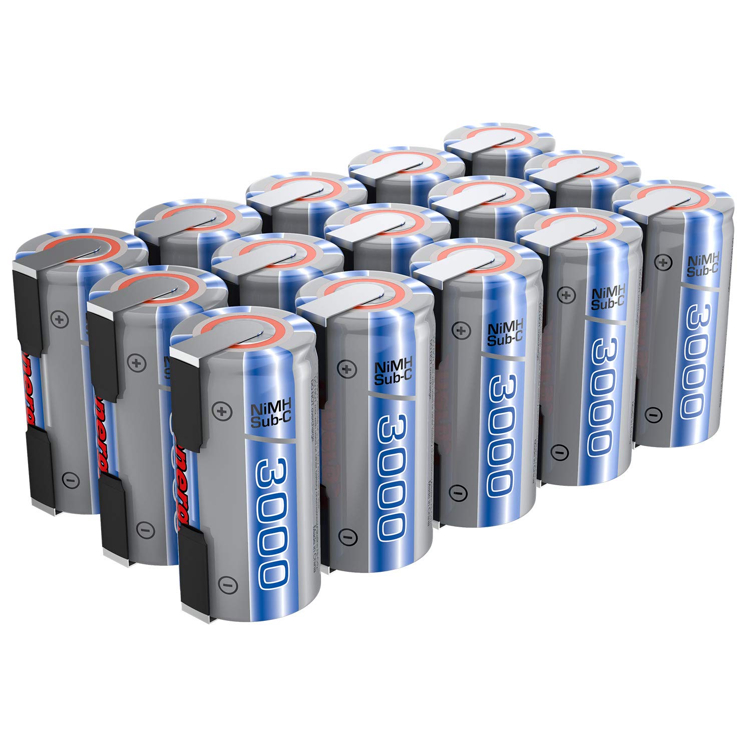 Tenergy NiMH SubC 1.2V 3000mAh Rechargeable Batteries with Tabs - 15 Pack for RC Cars, Robotics, and High-Drain Devices
