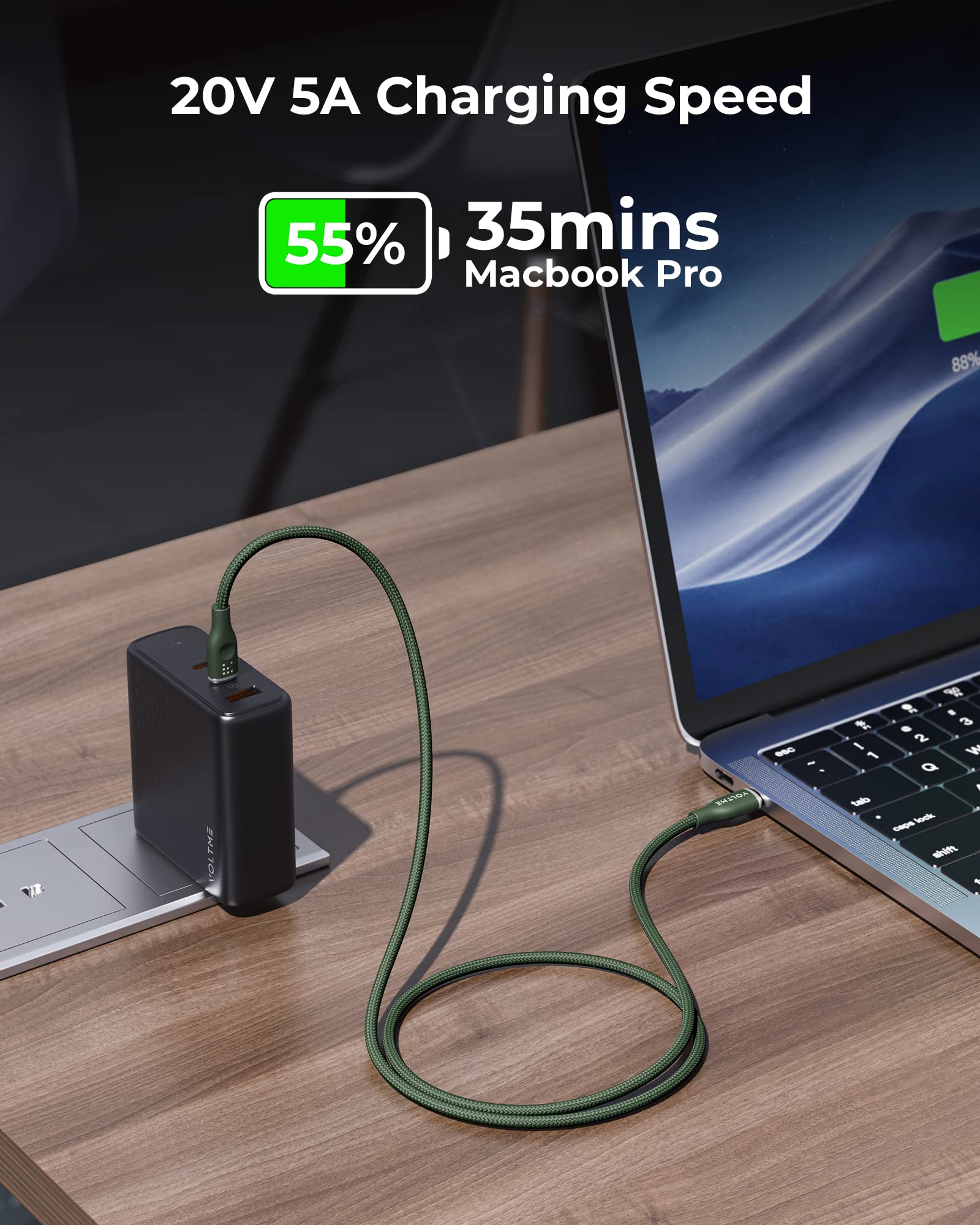 VOLTME 6ft 100W USB C to USB C Cable (2-Pack) - Fast Charging Nylon Braided Type C Cable for MacBook Pro 2020, iPad Pro 2021, Galaxy S22, Pixel, Nintendo Switch - Perfect for Home, Office & Travel Charging - Green